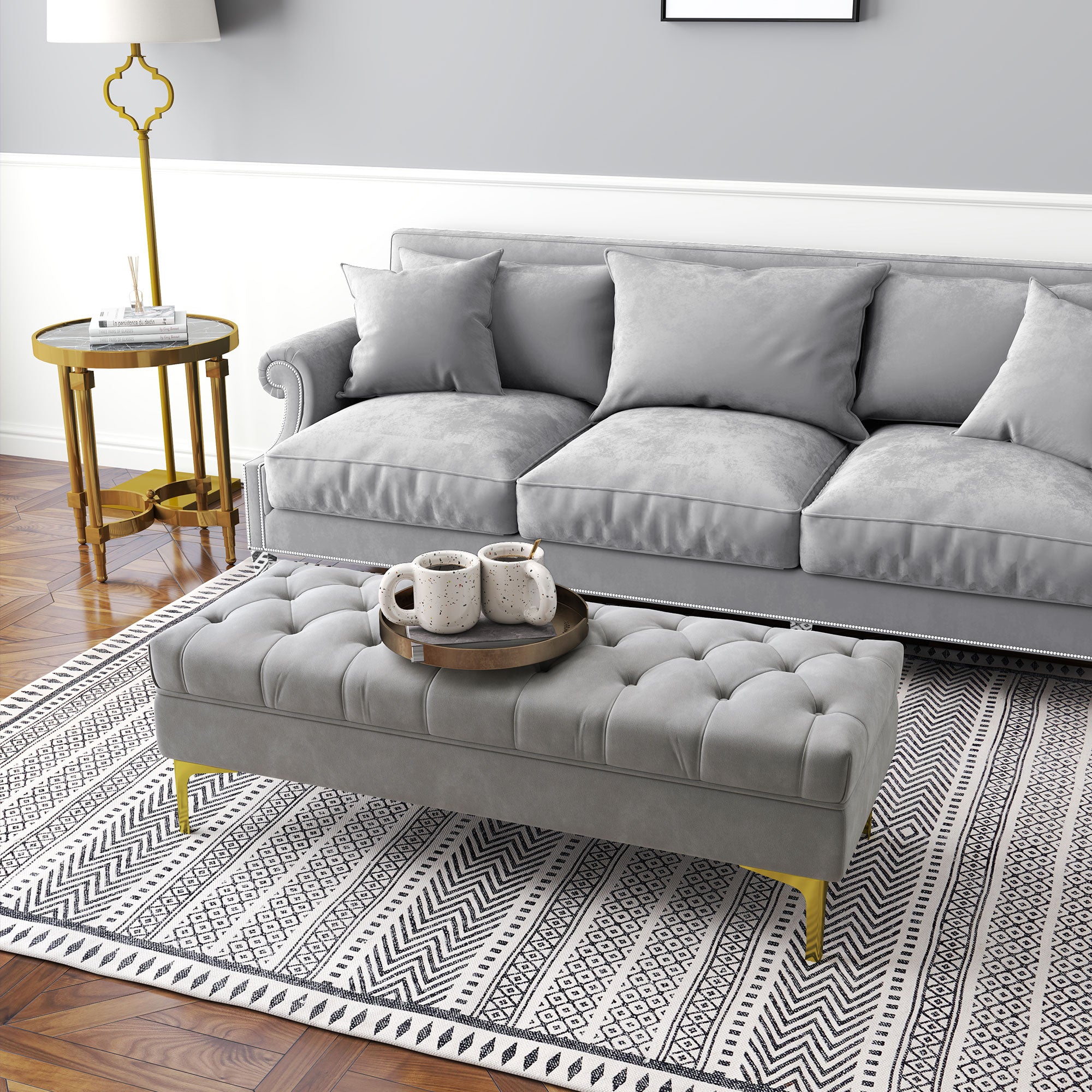 Banc banquette capitonnée bout de lit style classique chic dim. 118L x 45l x 42H cm piètement métal doré velours gris clair