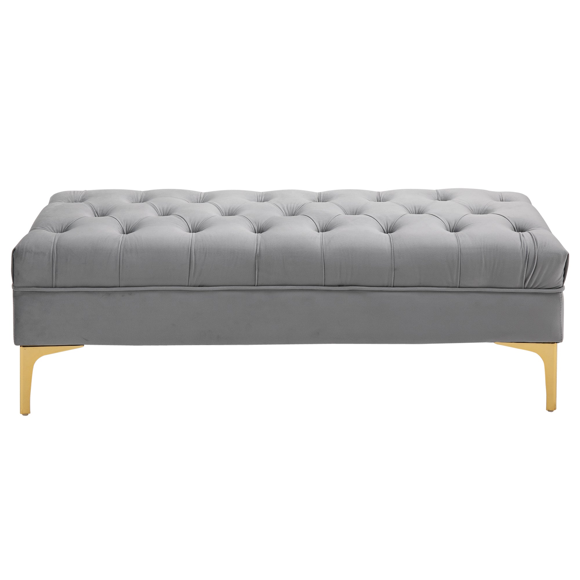 Banc banquette capitonnée bout de lit style classique chic dim. 118L x 45l x 42H cm piètement métal doré velours gris clair