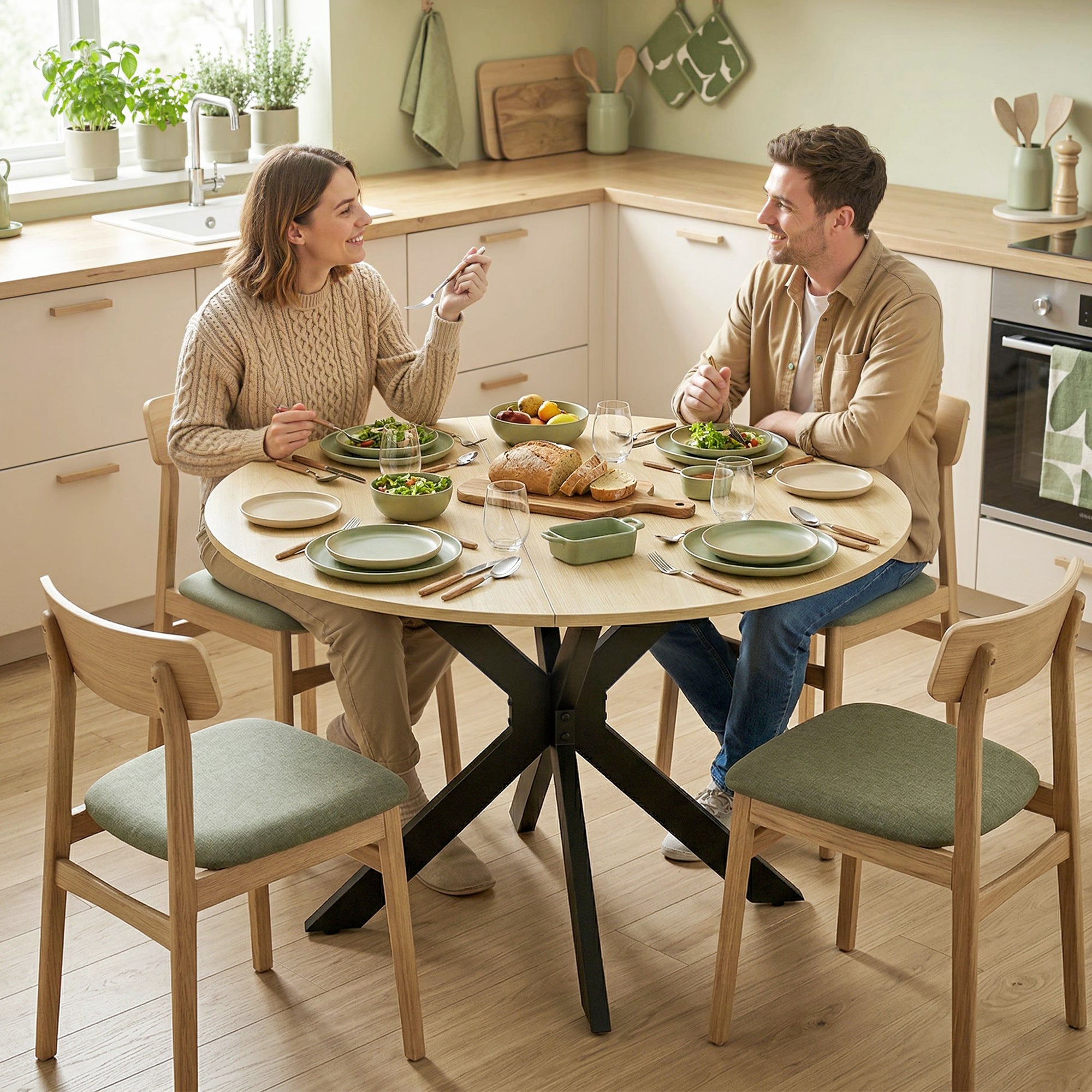 Table à manger pliante pour 2 à 6 personnes, table de cuisine ronde avec plateau rabattable et pieds croisés en acier, pour petits espaces, salle à manger, Ø110 x 76 cm, bois naturel