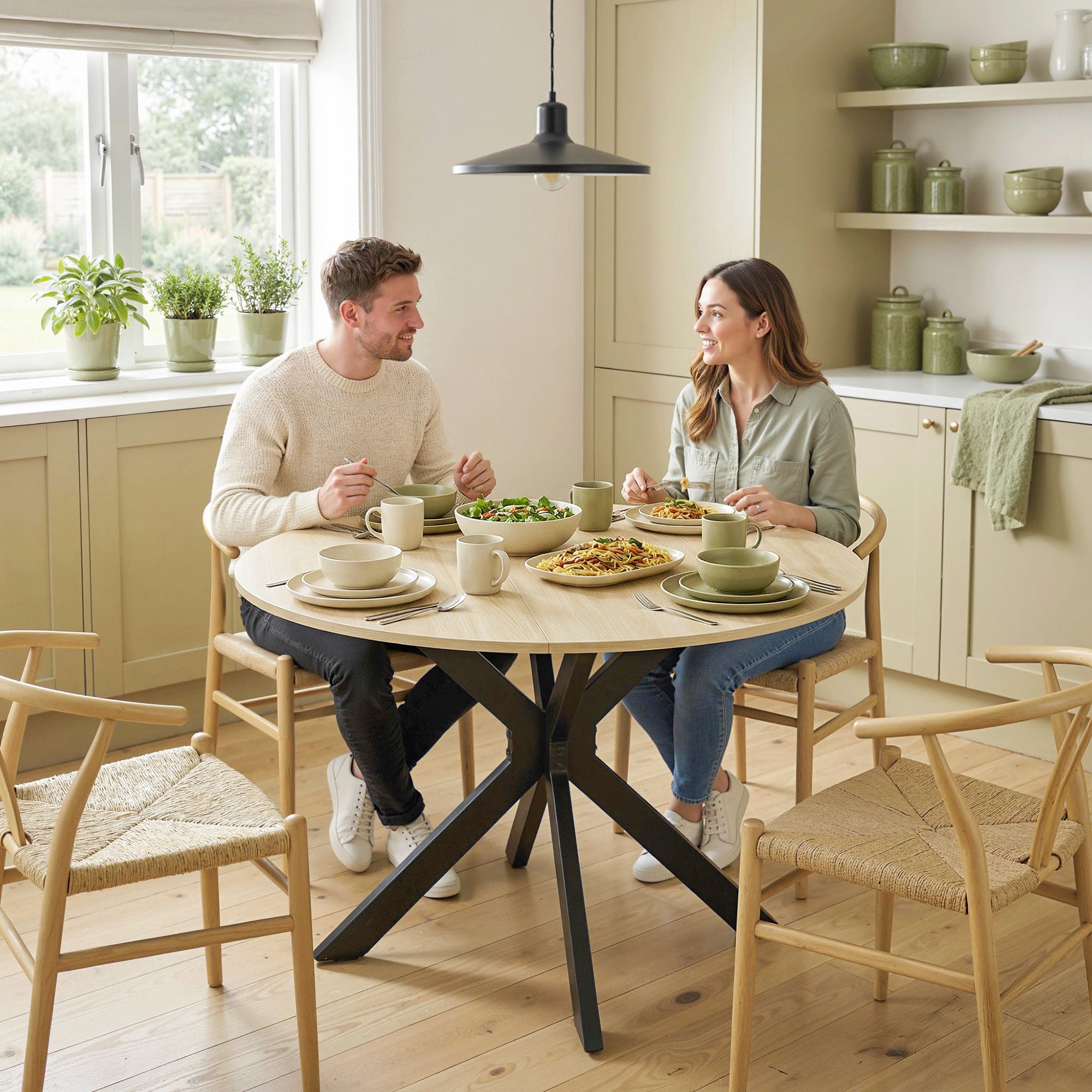 Table à manger pliante pour 2 à 6 personnes, table de cuisine ronde avec plateau rabattable et pieds croisés en acier, pour petits espaces, salle à manger, Ø110 x 76 cm, bois naturel