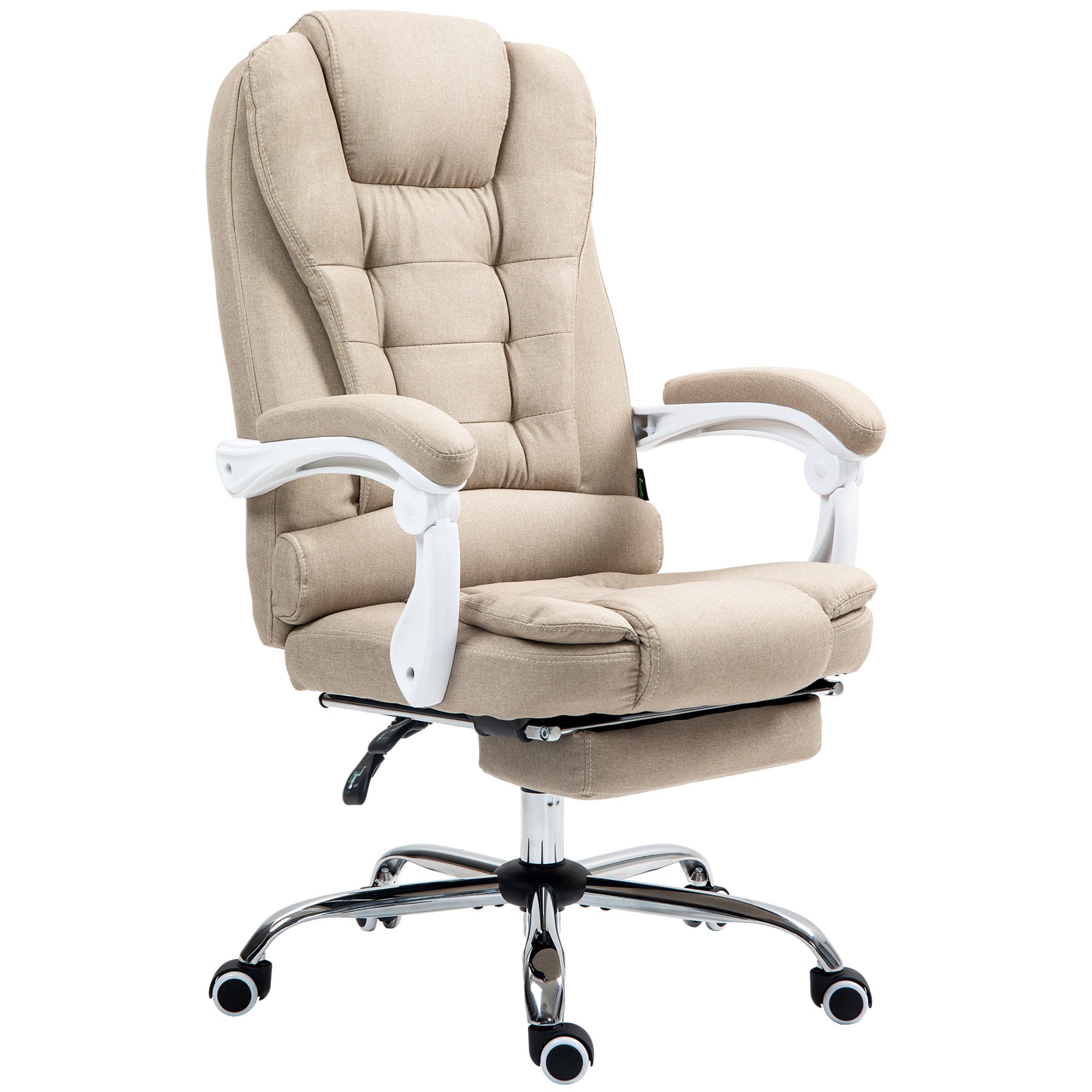 Fauteuil de bureau ergonomique, chaise de bureau avec repose-pied, dossier inclinable, accoudoirs rembourrés, en tissu aspect lin beige
