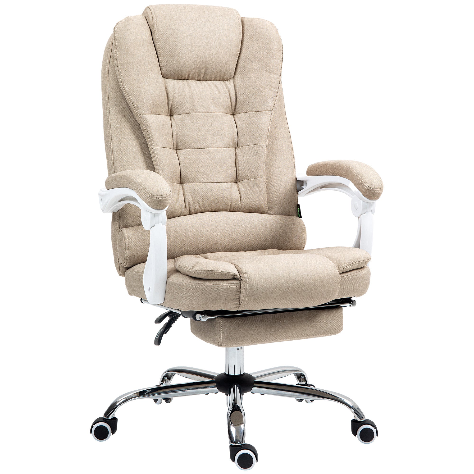 Fauteuil de bureau ergonomique, chaise de bureau avec repose-pied, dossier inclinable, accoudoirs rembourrés, en tissu aspect lin beige