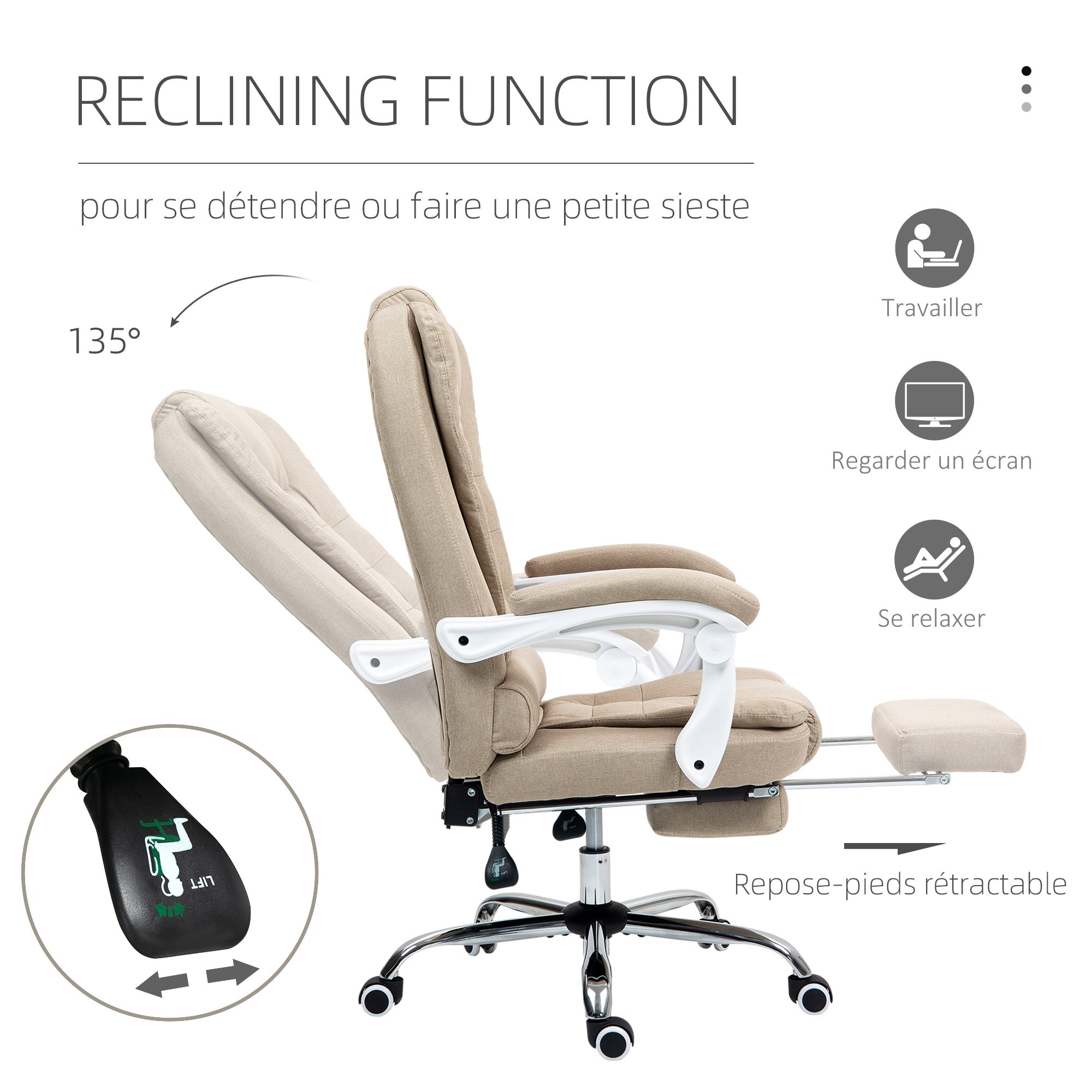 Fauteuil de bureau ergonomique, chaise de bureau avec repose-pied, dossier inclinable, accoudoirs rembourrés, en tissu aspect lin beige