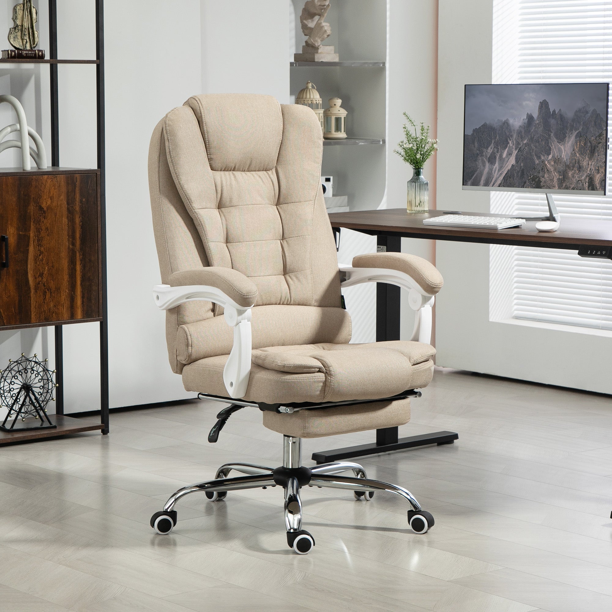 Fauteuil de bureau ergonomique, chaise de bureau avec repose-pied, dossier inclinable, accoudoirs rembourrés, en tissu aspect lin beige