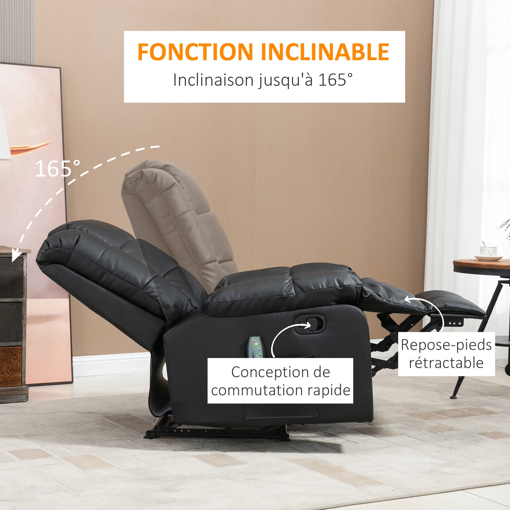 Fauteuil de massage fauteuil de relaxation massant avec dossier inclinable manuellement et repose-pied fauteuil TV revêtement synthétique télécommande incluse noir