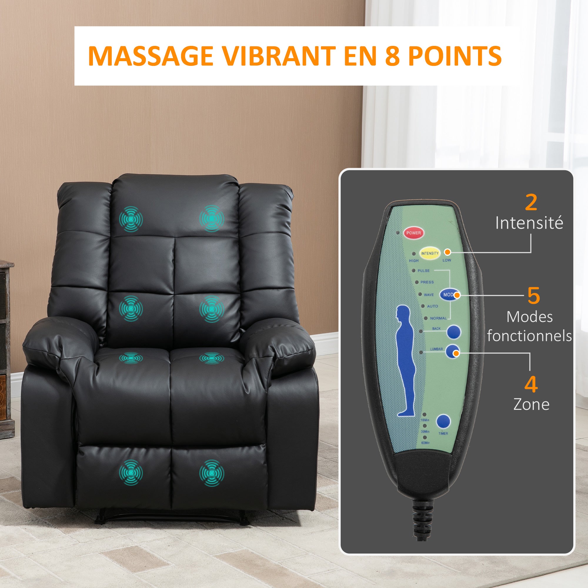 Fauteuil de massage fauteuil de relaxation massant avec dossier inclinable manuellement et repose-pied fauteuil TV revêtement synthétique télécommande incluse noir