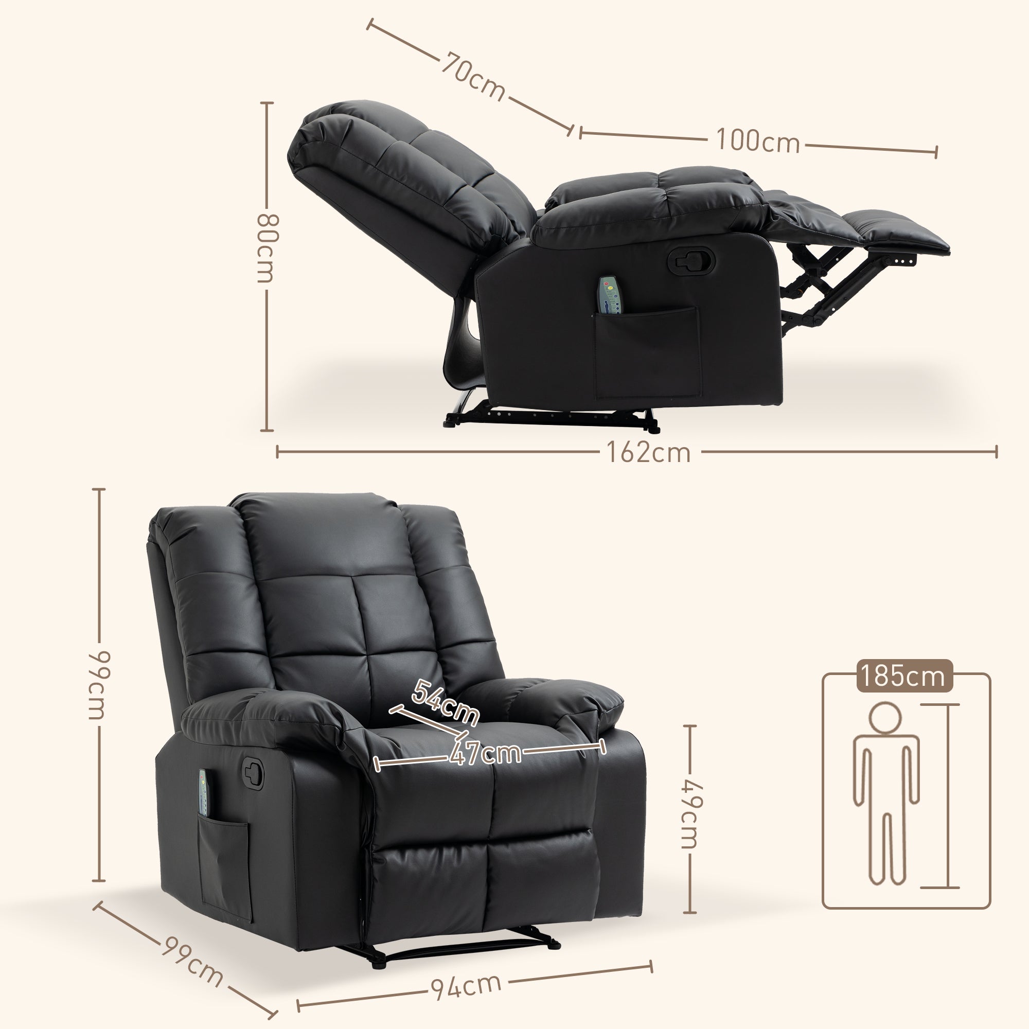 Fauteuil de massage fauteuil de relaxation massant avec dossier inclinable manuellement et repose-pied fauteuil TV revêtement synthétique télécommande incluse noir
