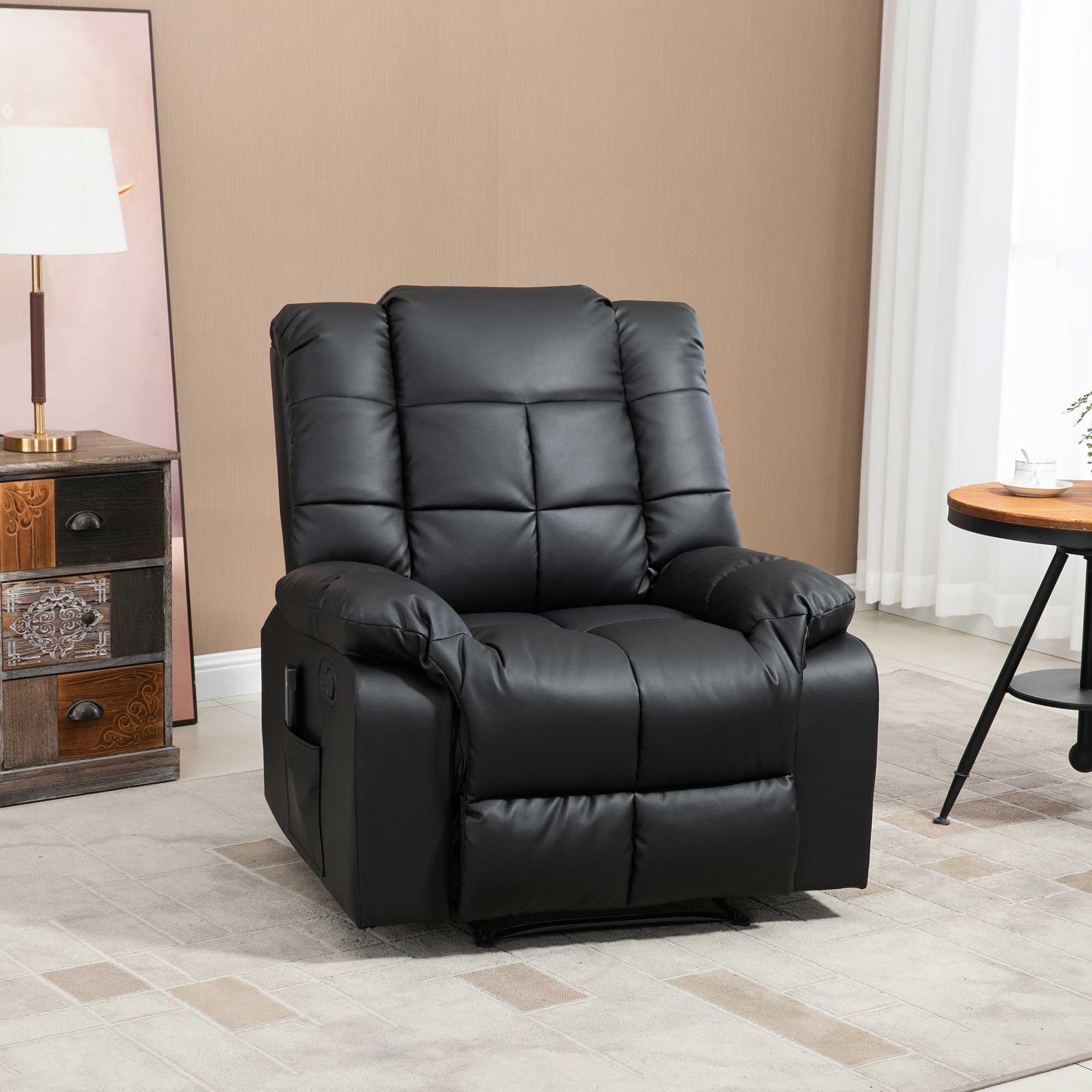Fauteuil de massage fauteuil de relaxation massant avec dossier inclinable manuellement et repose-pied fauteuil TV revêtement synthétique télécommande incluse noir