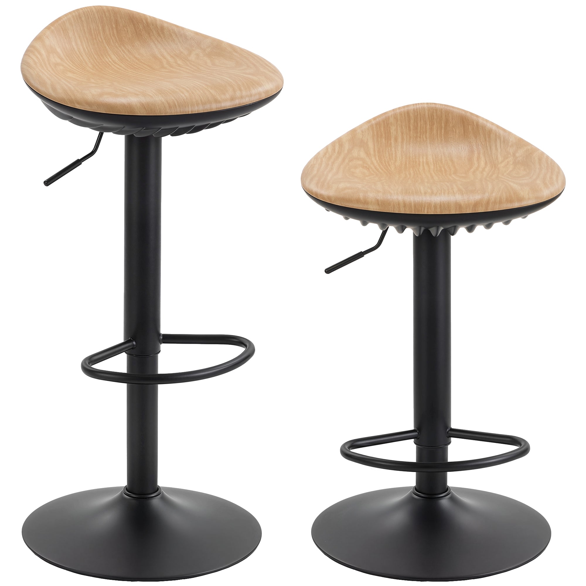 Lot de 2 tabourets de bar, chaises de bar réglables en hauteur, repose-pieds, pivotant 360°, assise selle effet bois en PU, base en acier, pour salle à manger, comptoir, 40x40x63-84cm, chêne