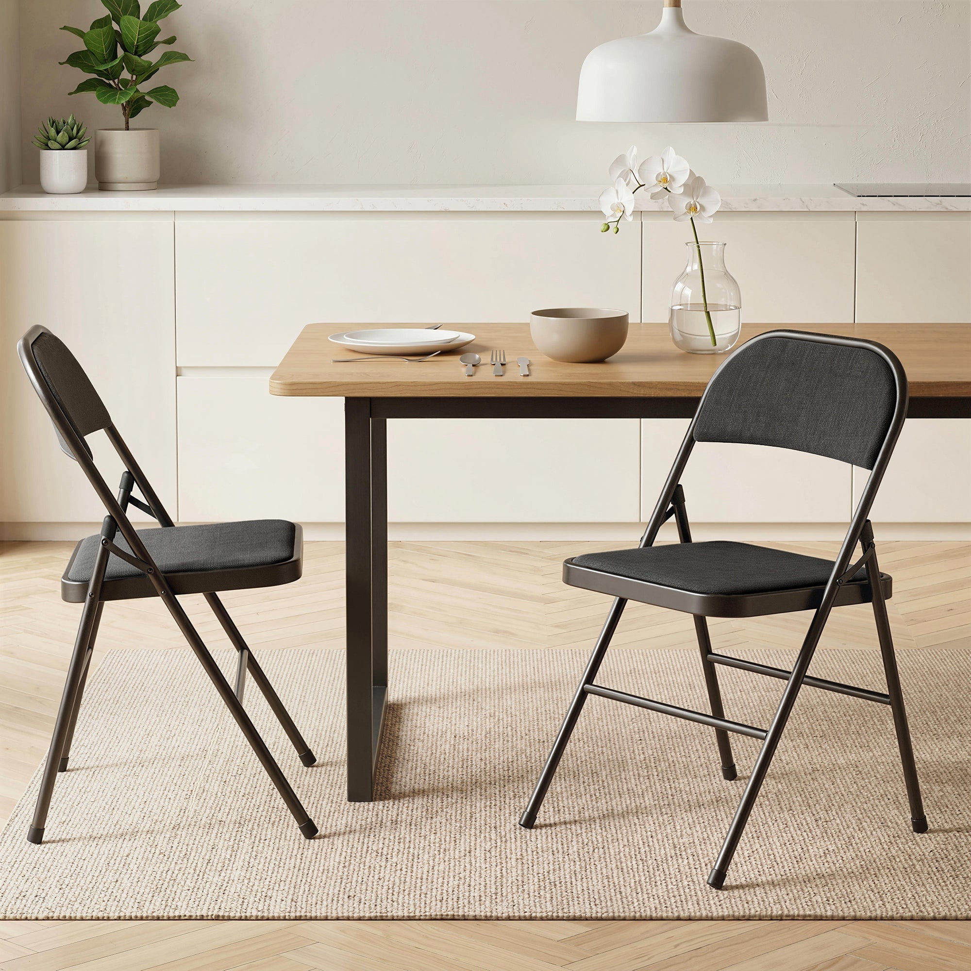 Lot de 2 chaises pliantes chaises de salle à manger portables chaise pliable d'intérieur avec coussin en lin et cadre en acier dim. 45l x 46P x 78H cm noir