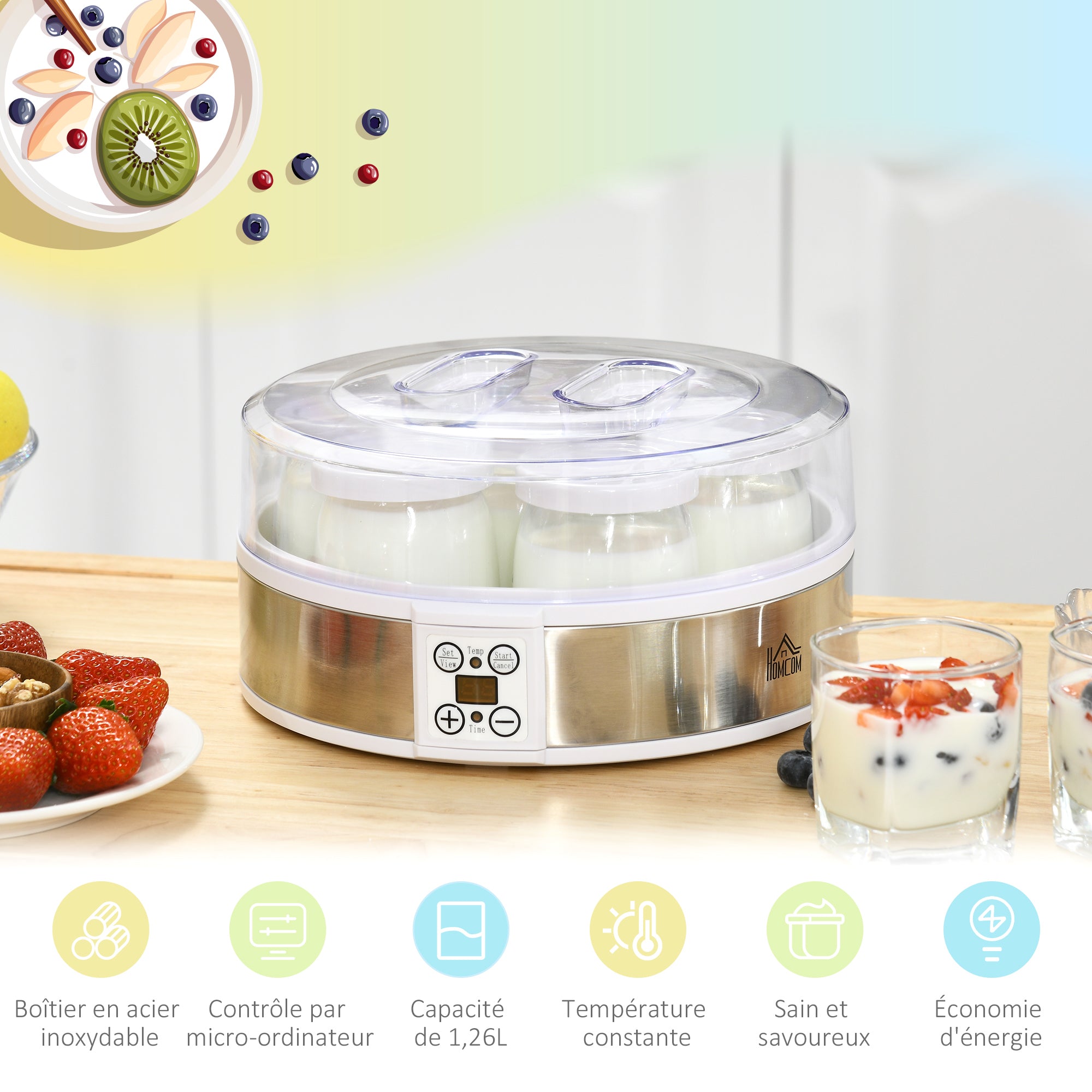 Yaourtière 7 pots en verre de 180ml, machine à yaourt électrique en acier inoxydable avec minuterie, thermostat réglable et affichage LED pour des desserts maison sains blanc