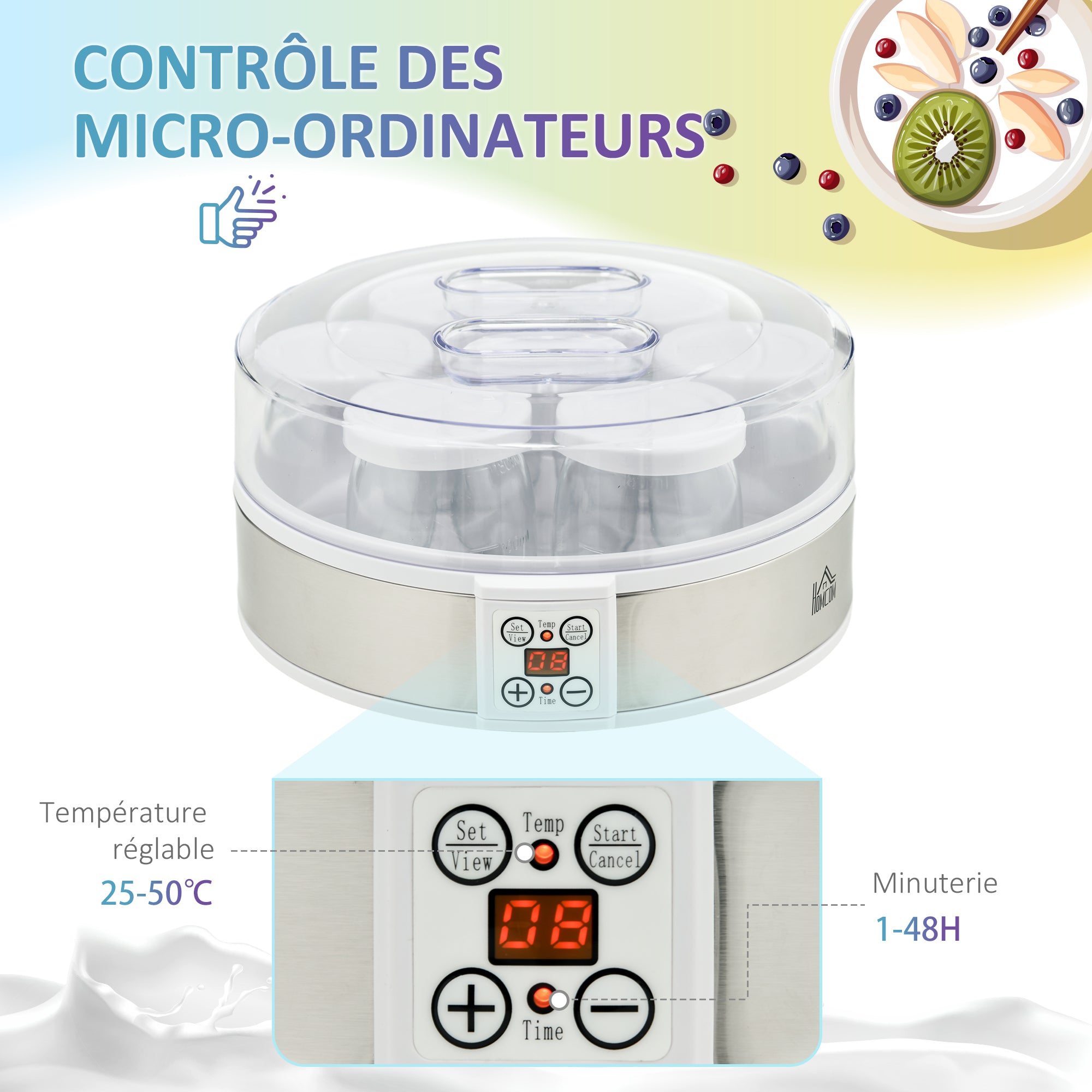 Yaourtière 7 pots en verre de 180ml, machine à yaourt électrique en acier inoxydable avec minuterie, thermostat réglable et affichage LED pour des desserts maison sains blanc