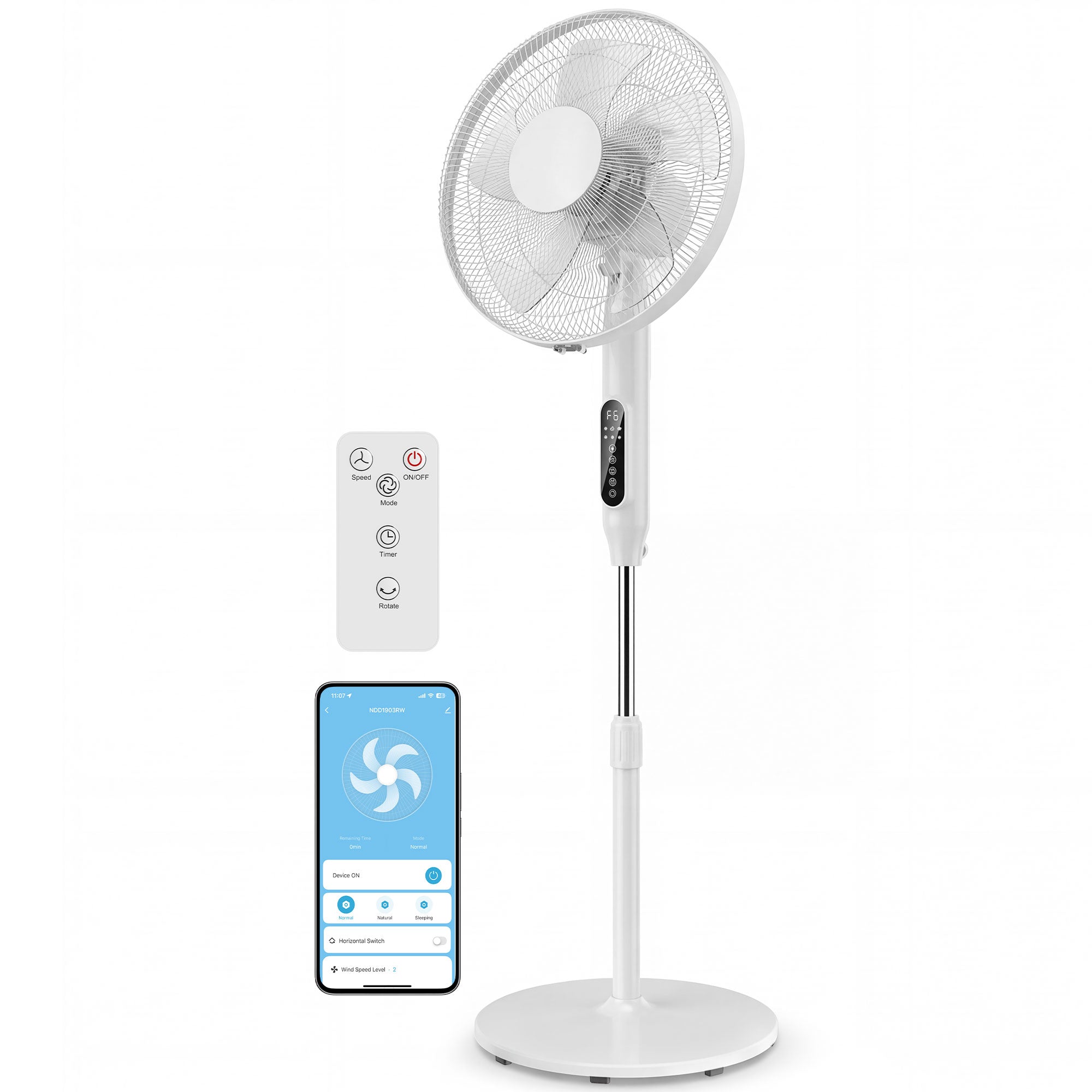 Ventilateur sur pied contrôlé par APP, ventilateur 45 cm avec télécommande, 3 vitesses, 3 modes, hauteur réglable 118-138 cm, minuterie 15 h, oscillant, pour chambre, salon, bureau, blanc