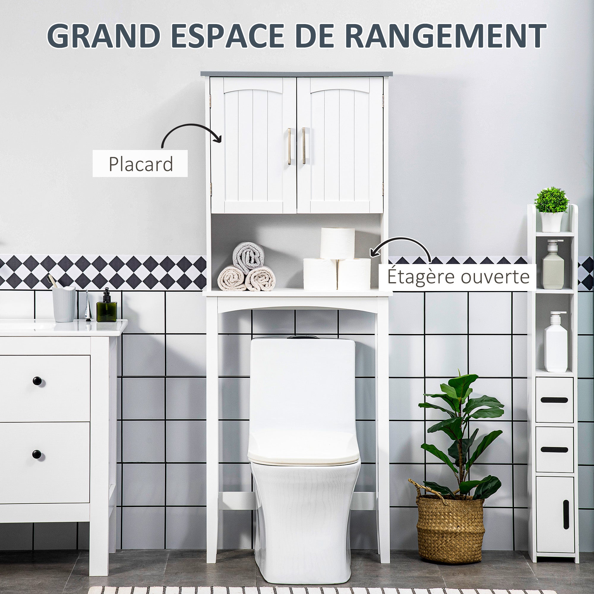 Meuble WC dessus de toilette meuble toilettes WC rangement meuble salle de bain avec placard à double porte, étagère réglable et compartiments ouverts, 64 x 22 x 165 cm, blanc