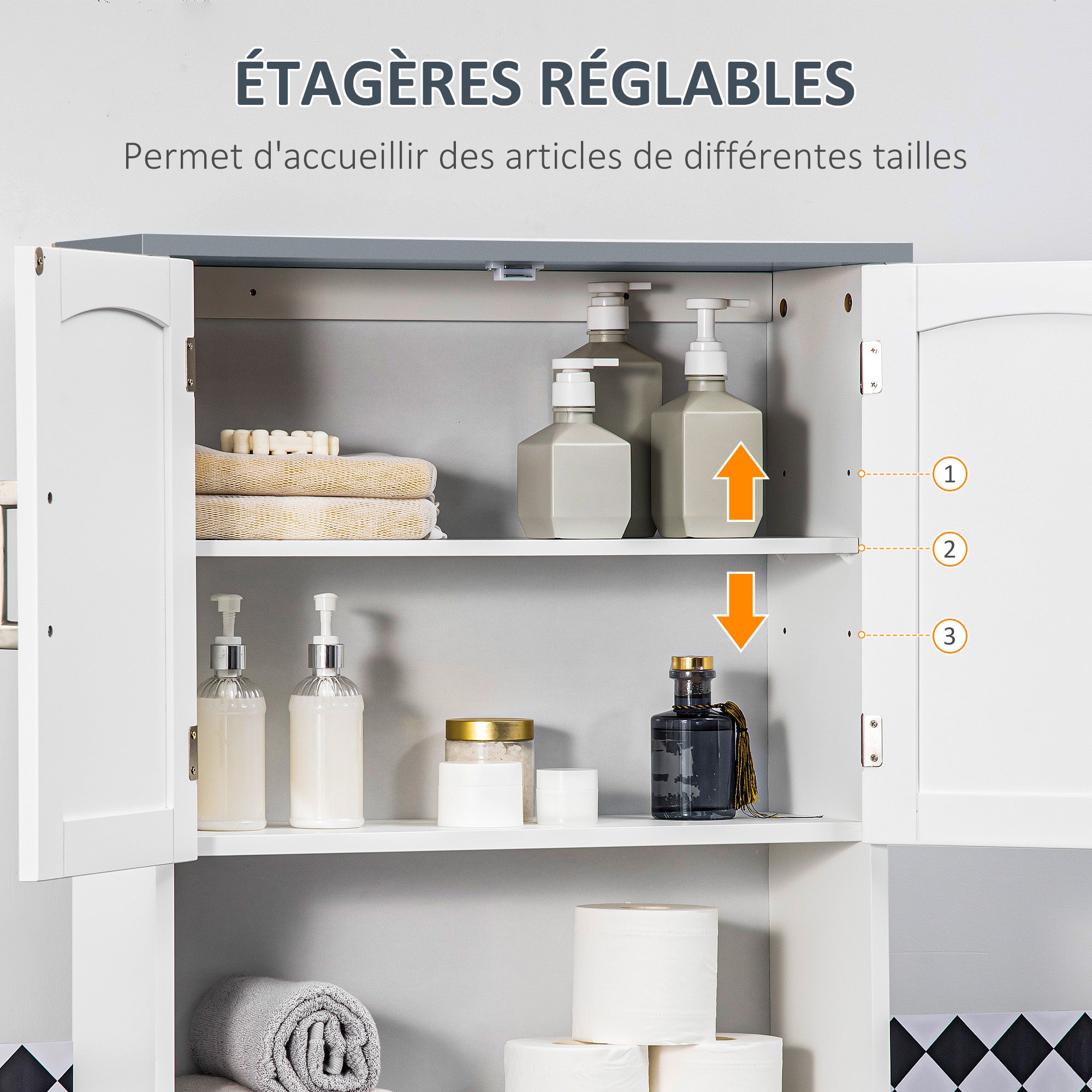 Meuble WC dessus de toilette meuble toilettes WC rangement meuble salle de bain avec placard à double porte, étagère réglable et compartiments ouverts, 64 x 22 x 165 cm, blanc