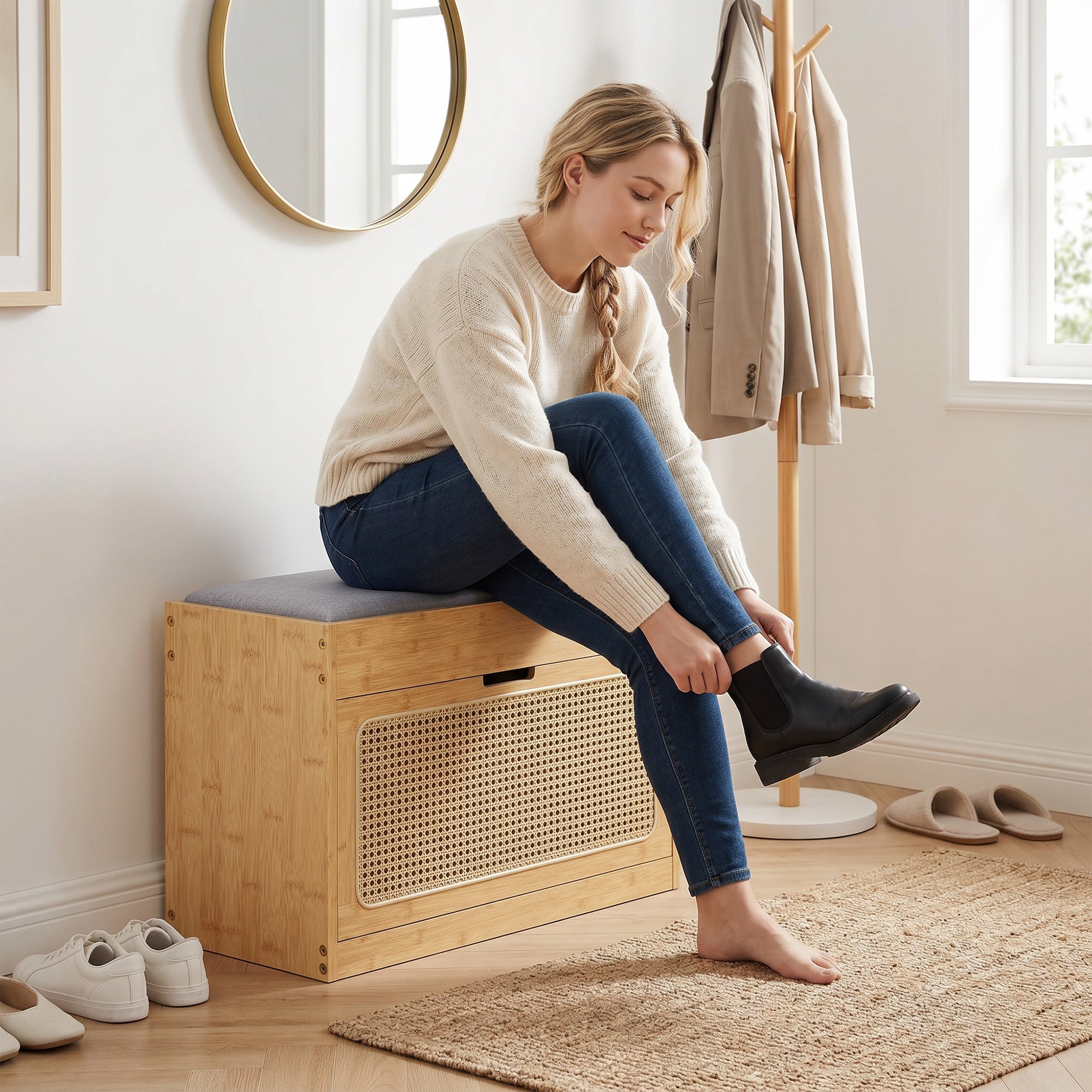 Banc chaussures entrée en bambou, banc de rangement, assise rembourrée, porte en rotin, tiroir rabattable et étagère réglable, style bohème, pour entrée, couloir, 63x29x48cm, bois naturel