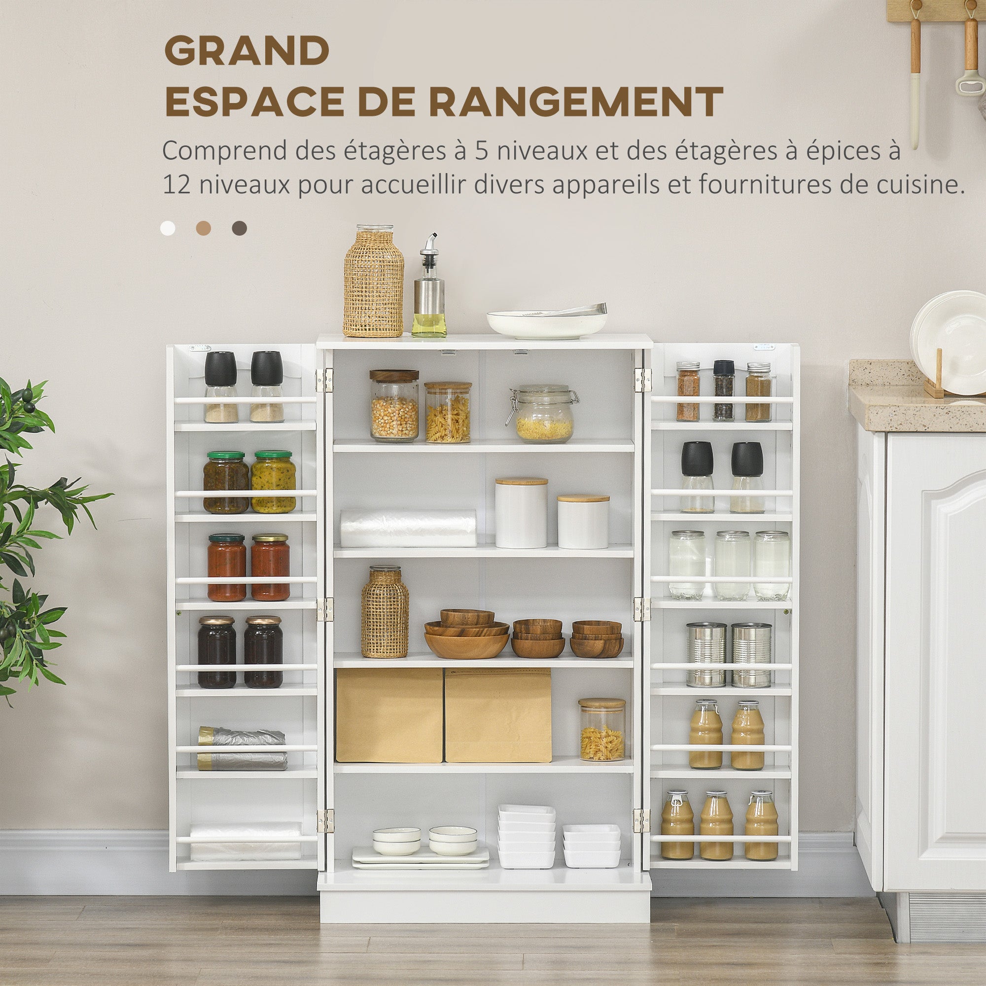 Armoire de cuisine buffet cuisine vaisselier meuble de rangement moderne avec placards, étagère réglable et 12 porte-épices, garde-manger pour salle à manger, salon, 60 x 30 x 104 cm, blanc
