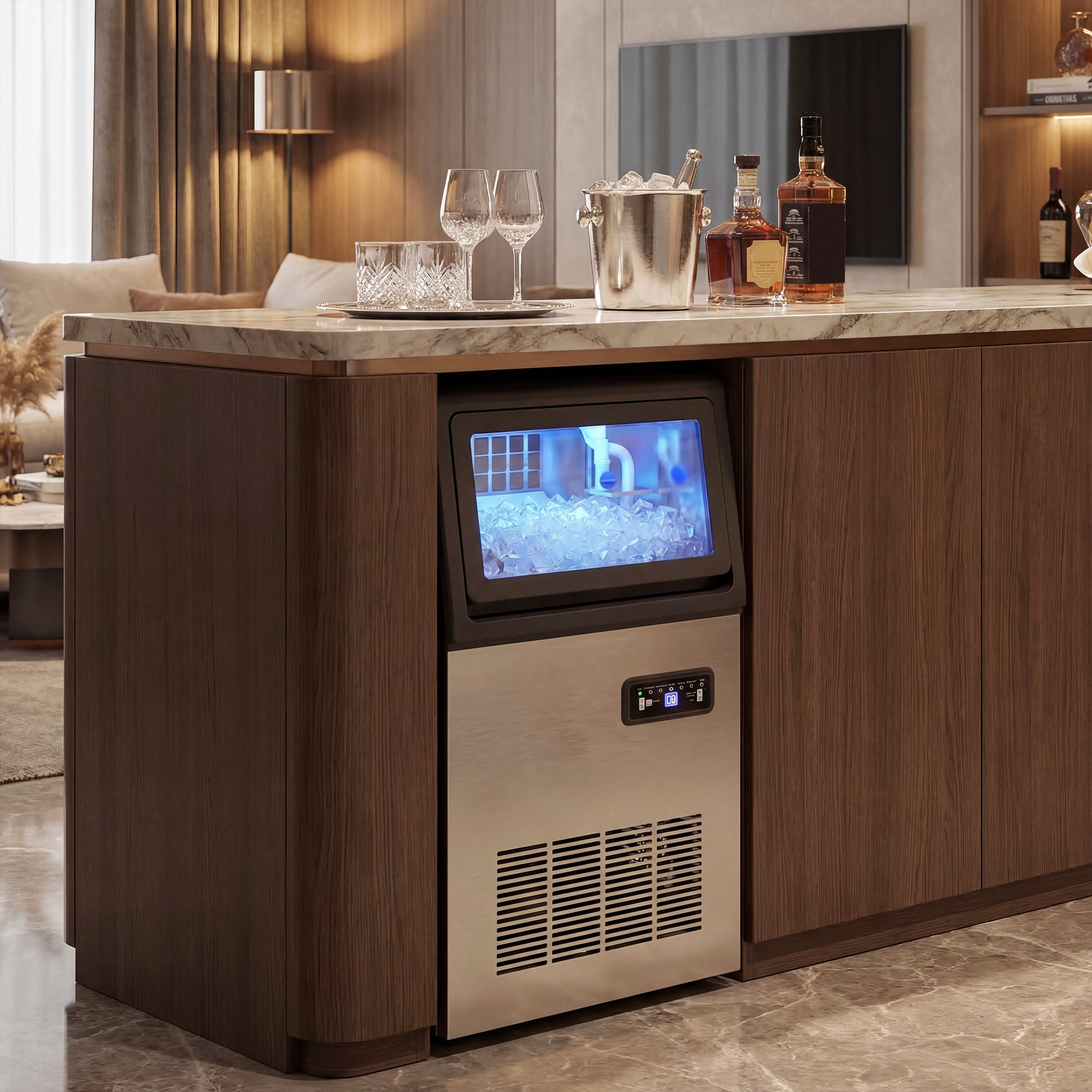 Machine à Glaçons Commerciale 36 kg/24H, Acier inoxydable, Ice Maker Professionnel, Capacité 7,5 kg, 36 Cubes par 10 Minutes, Nettoyage Automatique, Minuterie, à Encastrer ou à Poser, Argenté