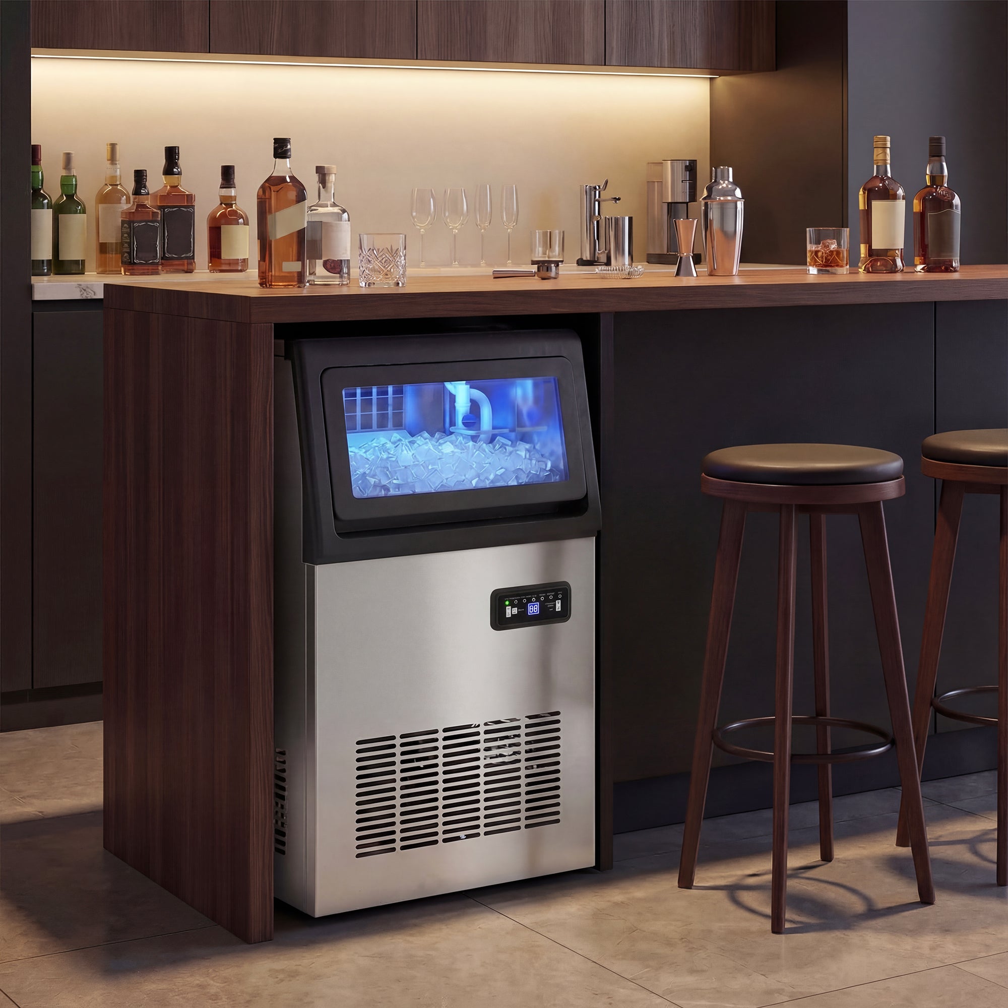 Machine à Glaçons Commerciale 36 kg/24H, Acier inoxydable, Ice Maker Professionnel, Capacité 7,5 kg, 36 Cubes par 10 Minutes, Nettoyage Automatique, Minuterie, à Encastrer ou à Poser, Argenté