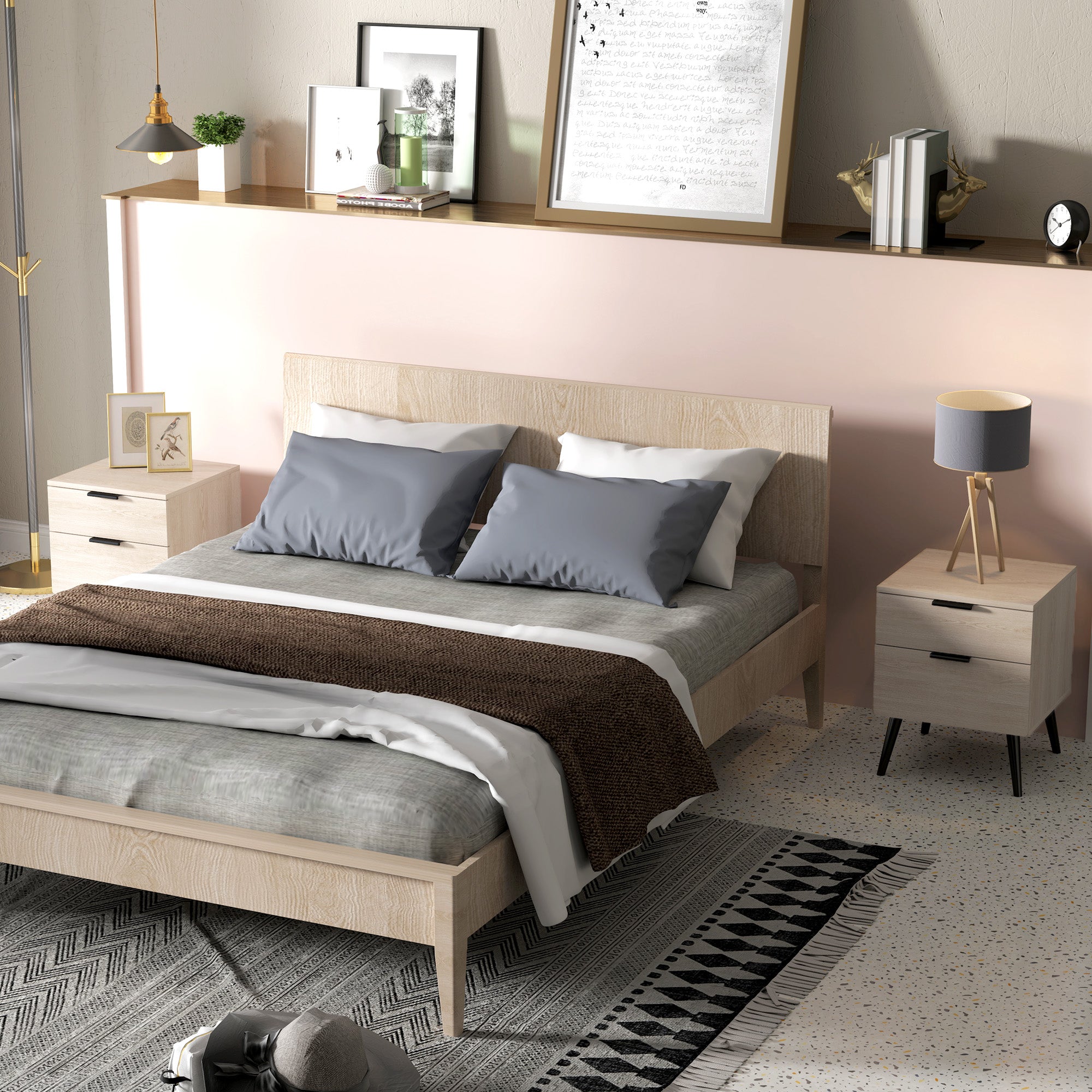 Lot de 2 tables de chevet, table de nuit, style nordique moderne, avec tiroir à deux niveaux, pieds en bois massif, pour chambre à coucher, salon, effet bois de chêne