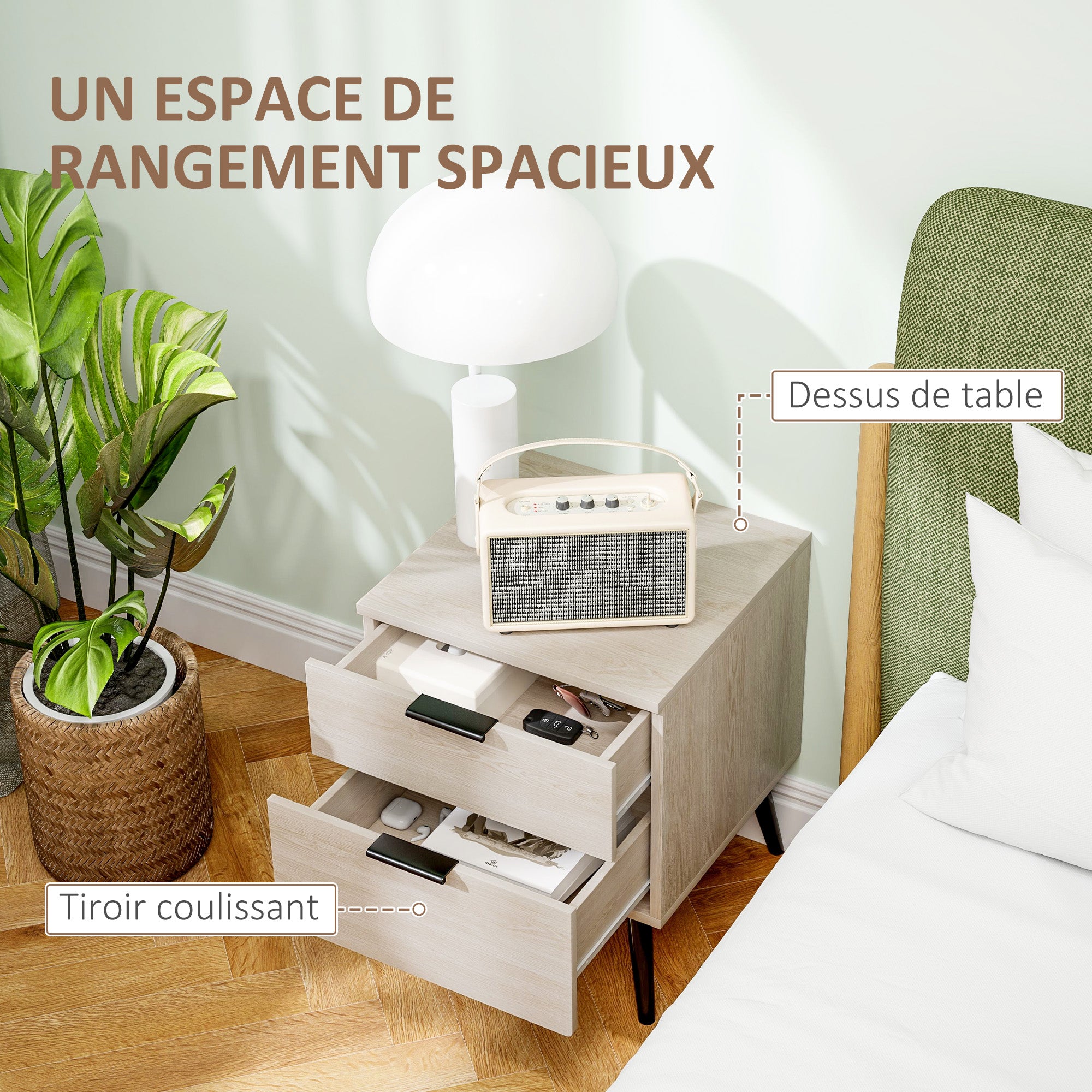 Lot de 2 tables de chevet, table de nuit, style nordique moderne, avec tiroir à deux niveaux, pieds en bois massif, pour chambre à coucher, salon, effet bois de chêne