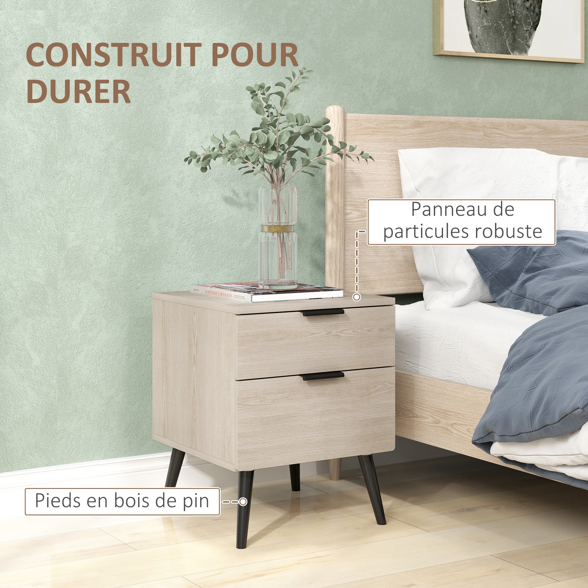 Lot de 2 tables de chevet, table de nuit, style nordique moderne, avec tiroir à deux niveaux, pieds en bois massif, pour chambre à coucher, salon, effet bois de chêne