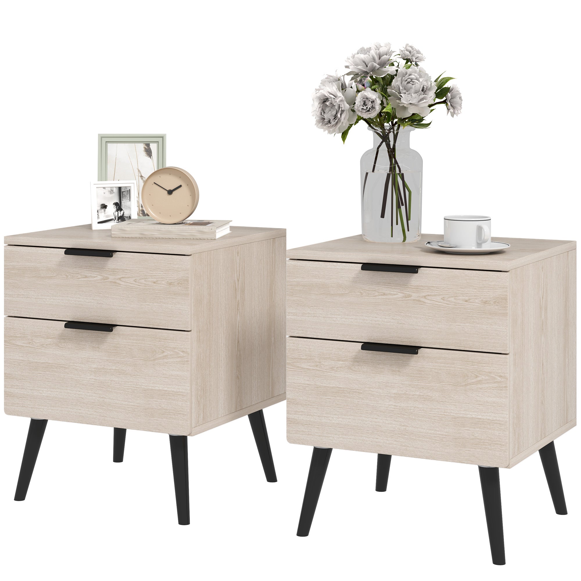Lot de 2 tables de chevet, table de nuit, style nordique moderne, avec tiroir à deux niveaux, pieds en bois massif, pour chambre à coucher, salon, effet bois de chêne