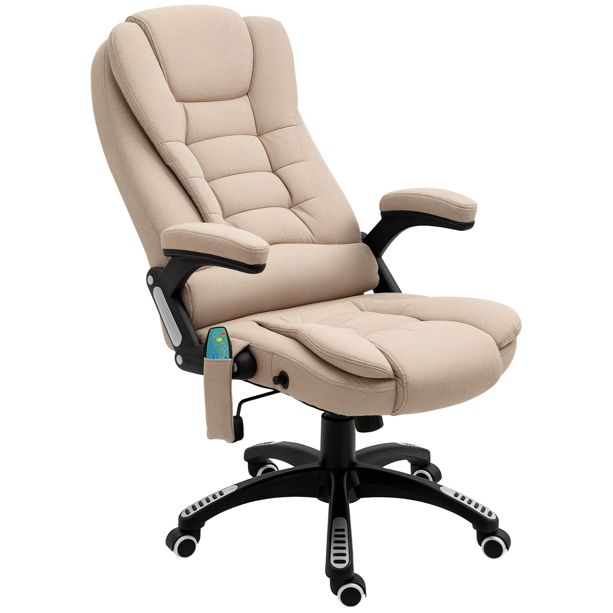Fauteuil de bureau massant et chauffant, chaise de bureau, chaise ergonomique avec hauteur réglable, dossier inclinable et télécommande filaire, pivotant à 360° tissu en polyester beige