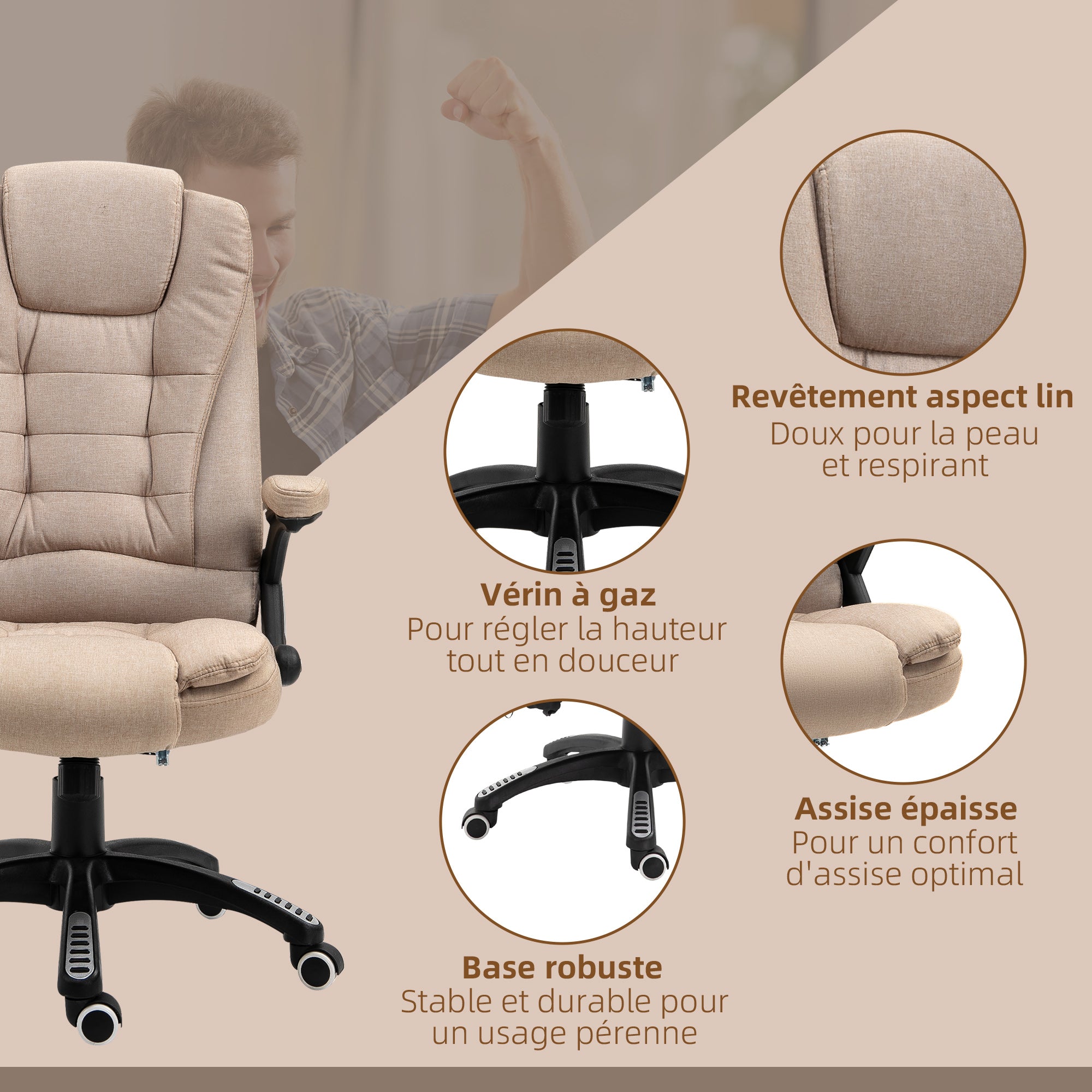 Fauteuil de bureau massant et chauffant, chaise de bureau, chaise ergonomique avec hauteur réglable, dossier inclinable et télécommande filaire, pivotant à 360° tissu en polyester beige
