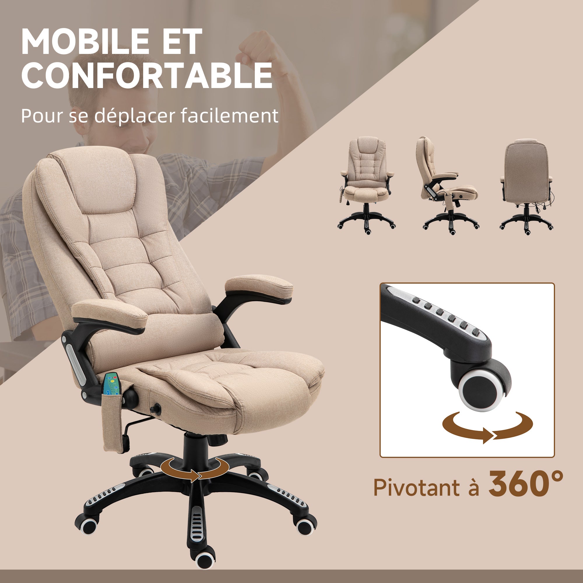 Fauteuil de bureau massant et chauffant, chaise de bureau, chaise ergonomique avec hauteur réglable, dossier inclinable et télécommande filaire, pivotant à 360° tissu en polyester beige