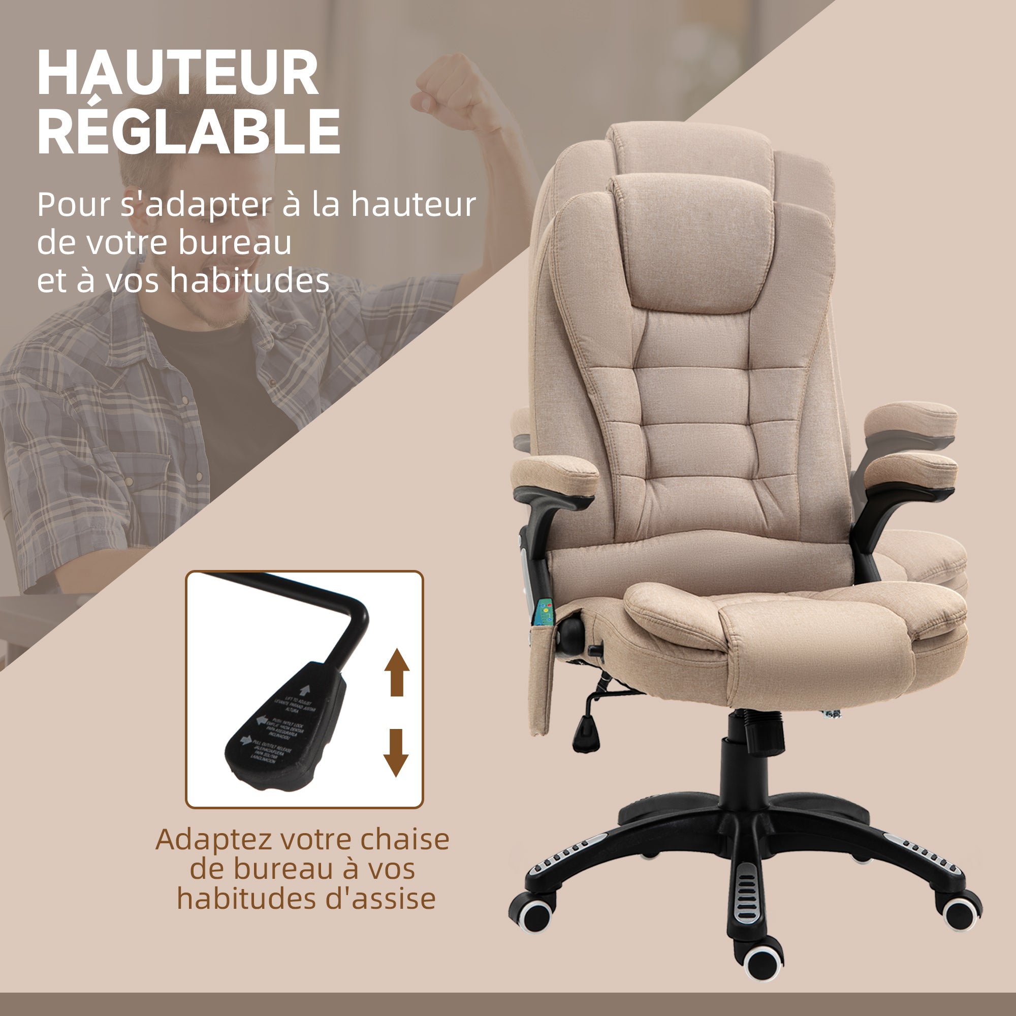 Fauteuil de bureau massant et chauffant, chaise de bureau, chaise ergonomique avec hauteur réglable, dossier inclinable et télécommande filaire, pivotant à 360° tissu en polyester beige