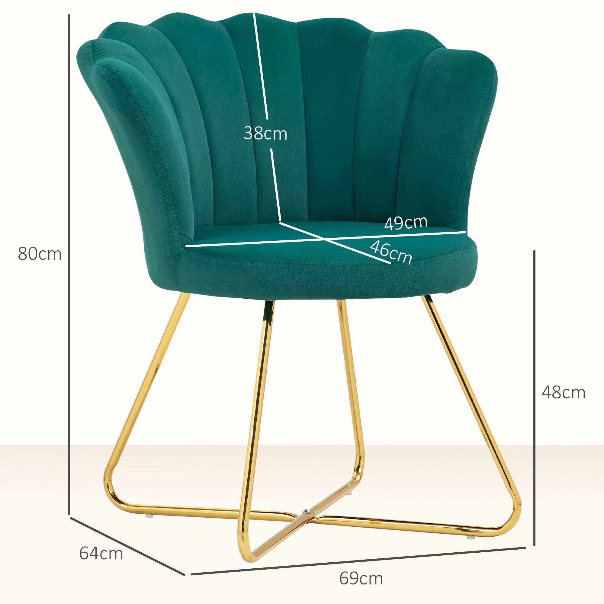 Fauteuil coquillage chaise coiffeuse fauteuil en velours fauteuil de salon avec pieds en acier pour salon et chambre 69 x 64 x 80 cm vert foncé