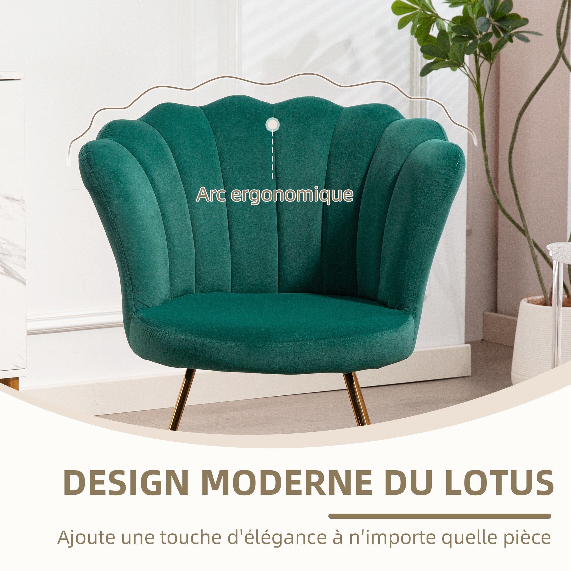 Fauteuil coquillage chaise coiffeuse fauteuil en velours fauteuil de salon avec pieds en acier pour salon et chambre 69 x 64 x 80 cm vert foncé