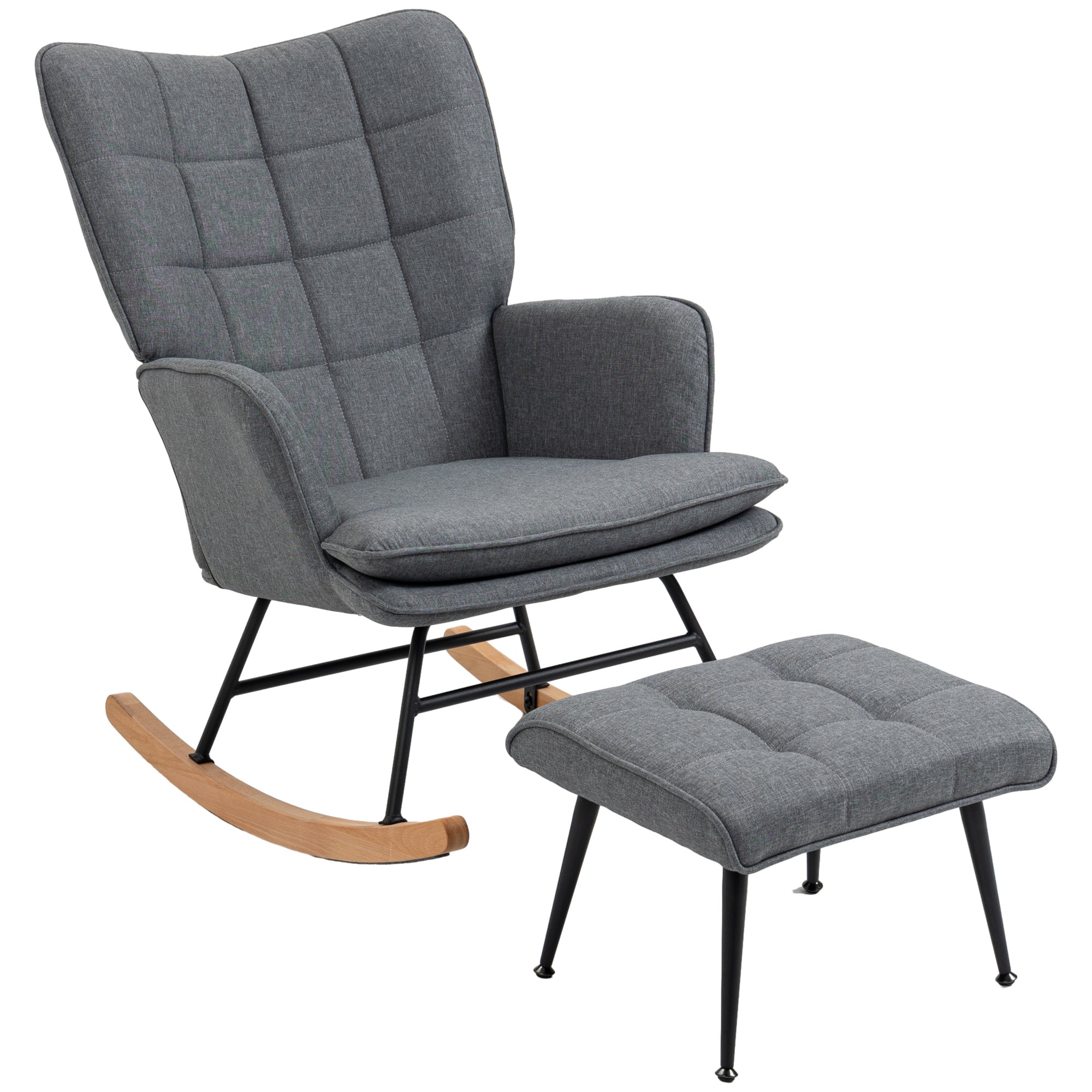 Fauteuil à bascule avec repose-pieds, rocking chair en tissu aspect lin, assise large, dossier haut, coussin inclus, chaise à bascule pour salon, chambre, gris