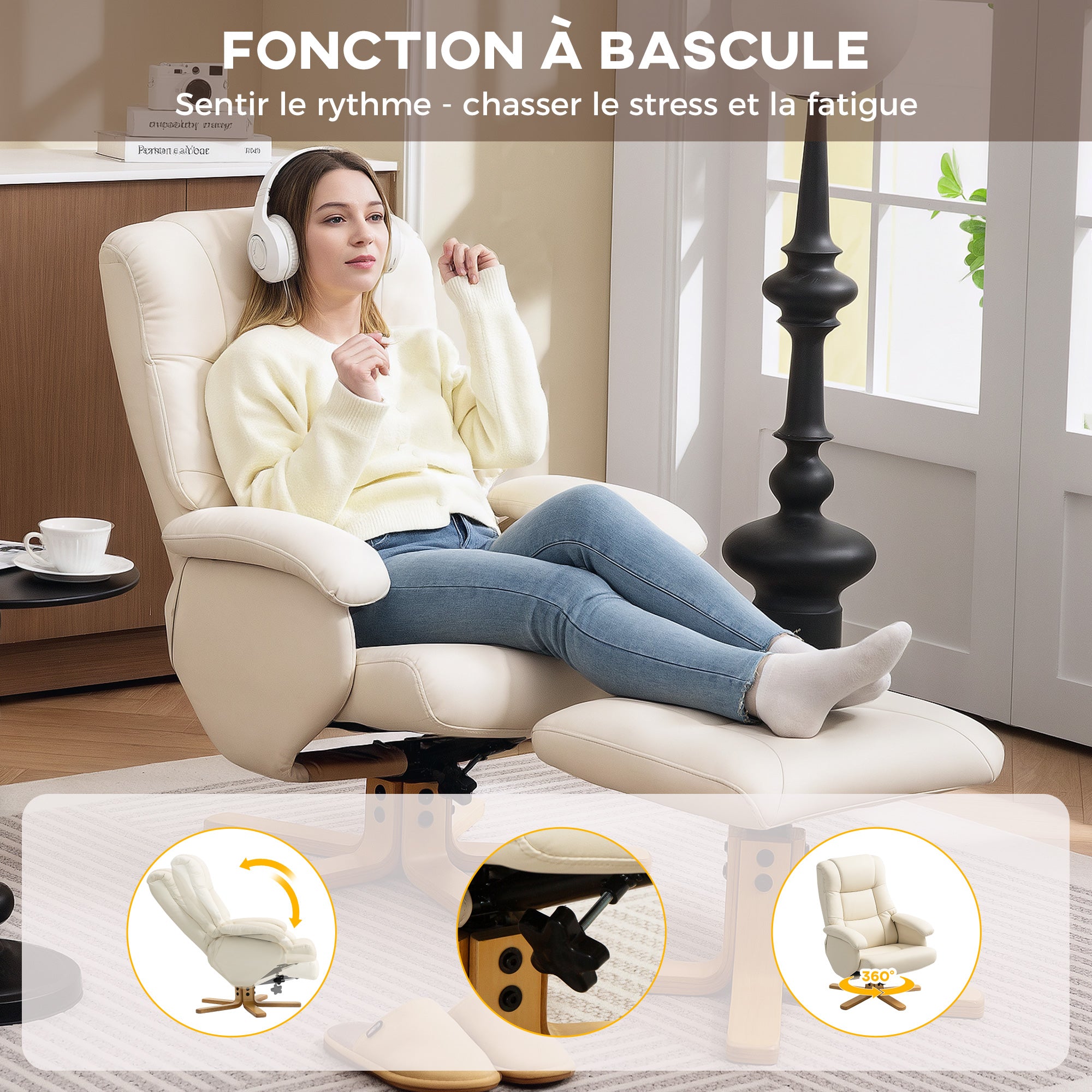 Fauteuil relax avec repose-pied fauteuil de relaxation chaise relaxant pivotant 360° et dossier inclinable chaise TV charge jusqu'à 120 Kg pour salon, chambre, bureau, crème