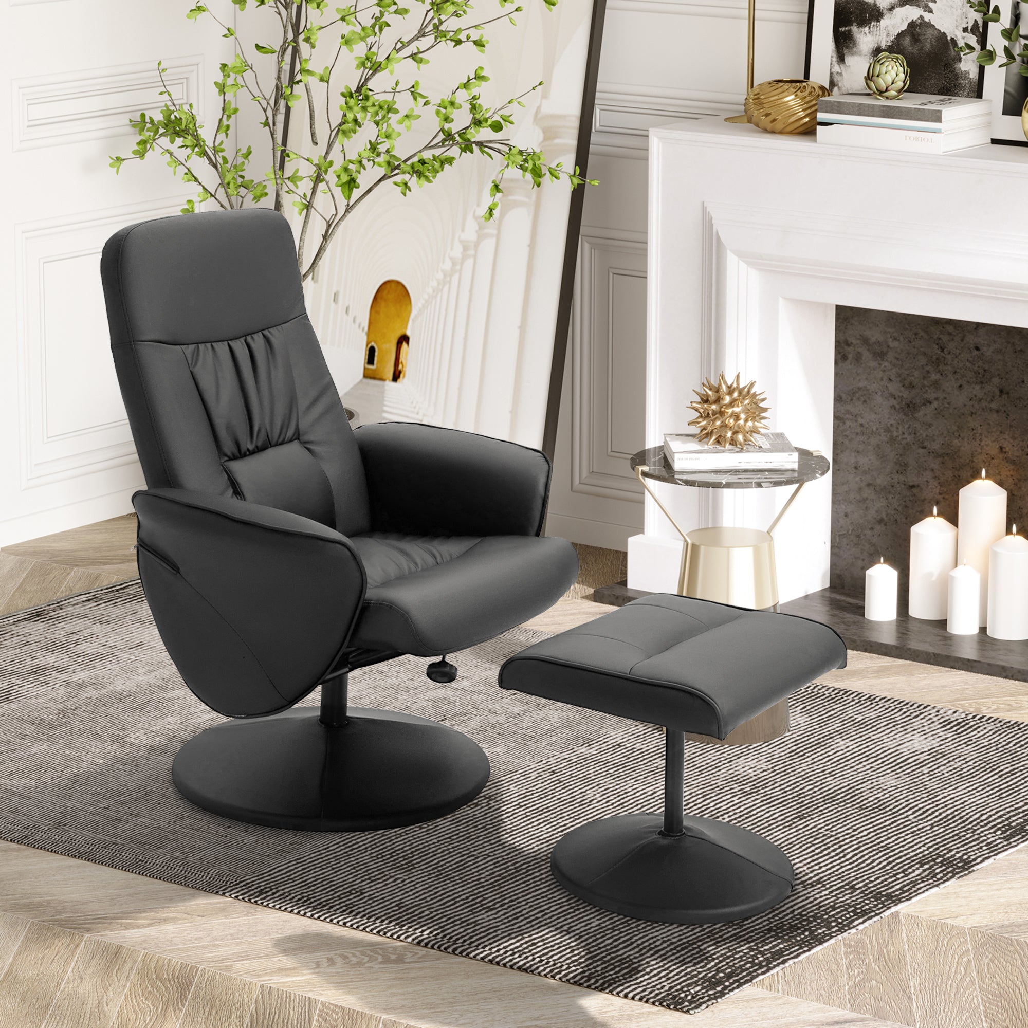 Fauteuil relax avec repose-pied fauteuil de relaxation relaxant pivotant 360° et dossier inclinable pour TV supportant jusqu'à 120 Kg revêtement synthétique métal noir
