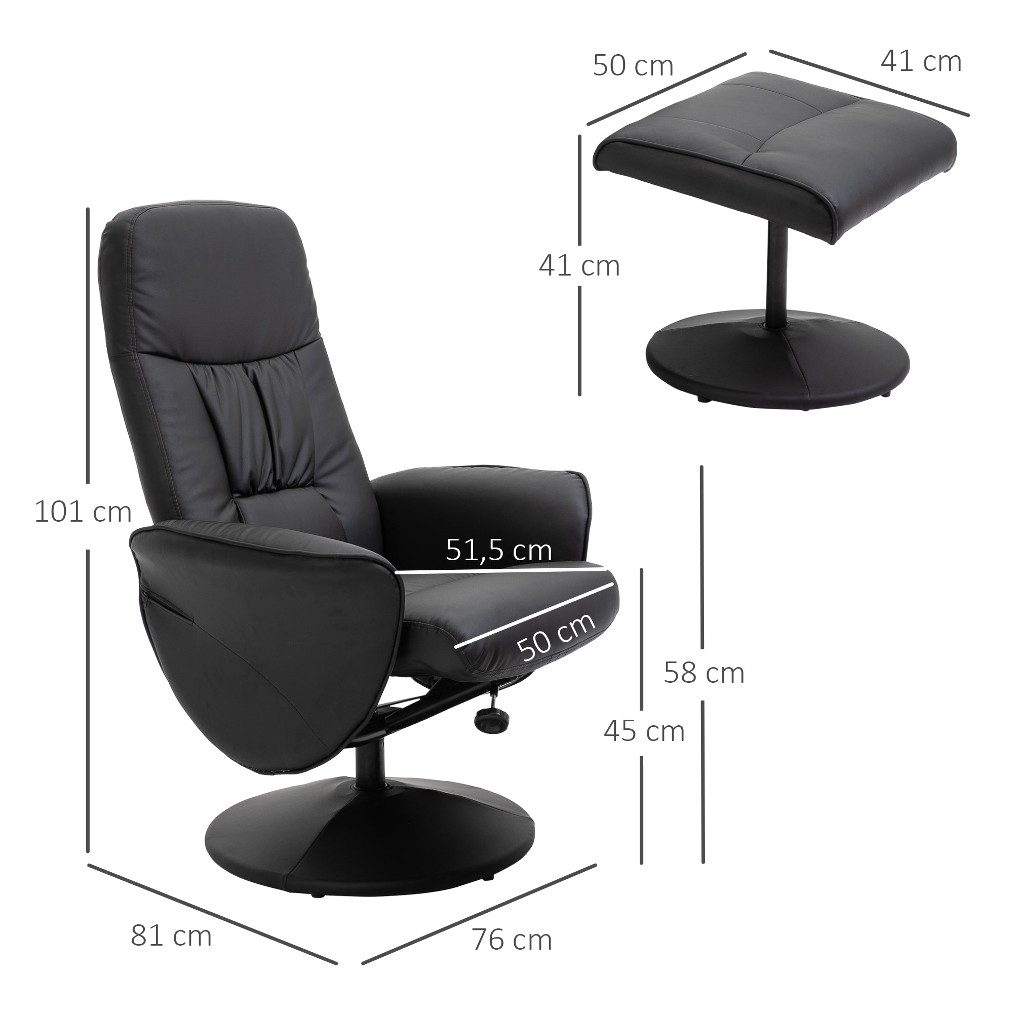 Fauteuil relax avec repose-pied fauteuil de relaxation relaxant pivotant 360° et dossier inclinable pour TV supportant jusqu'à 120 Kg revêtement synthétique métal noir