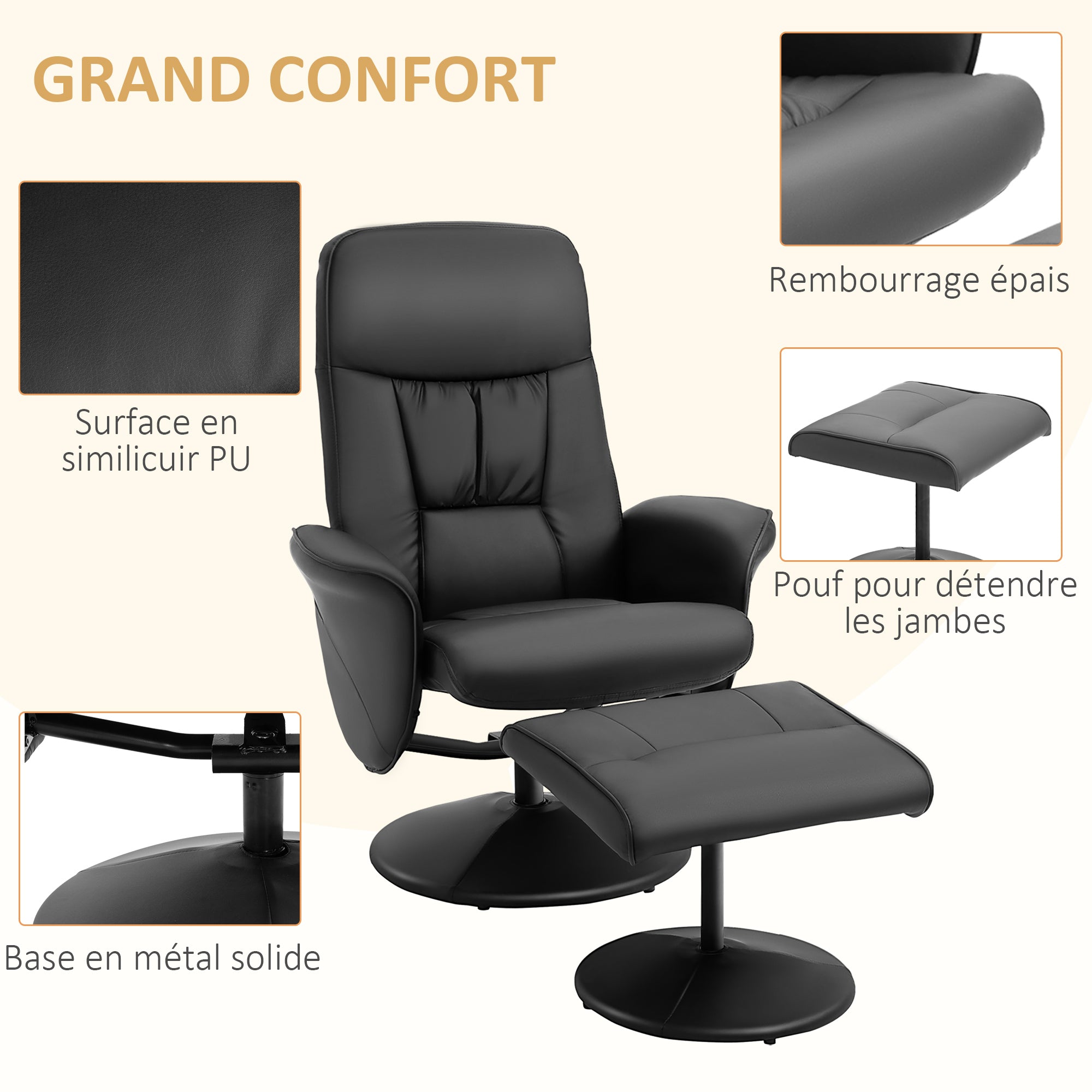 Fauteuil relax avec repose-pied fauteuil de relaxation relaxant pivotant 360° et dossier inclinable pour TV supportant jusqu'à 120 Kg revêtement synthétique métal noir