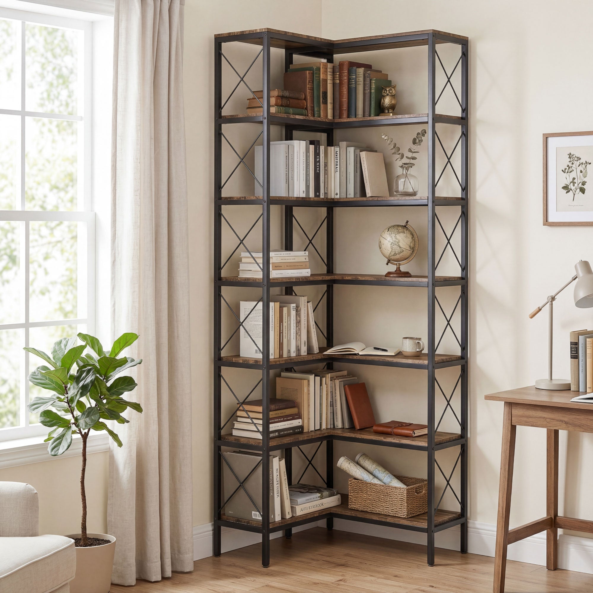 Bibliothèque d'angle à 6 niveaux, étagère à livres, meuble de rangement industriel pour salon, chambre, bureau, cadre en métal, 60 x 60 x 200 cm, brun rustique