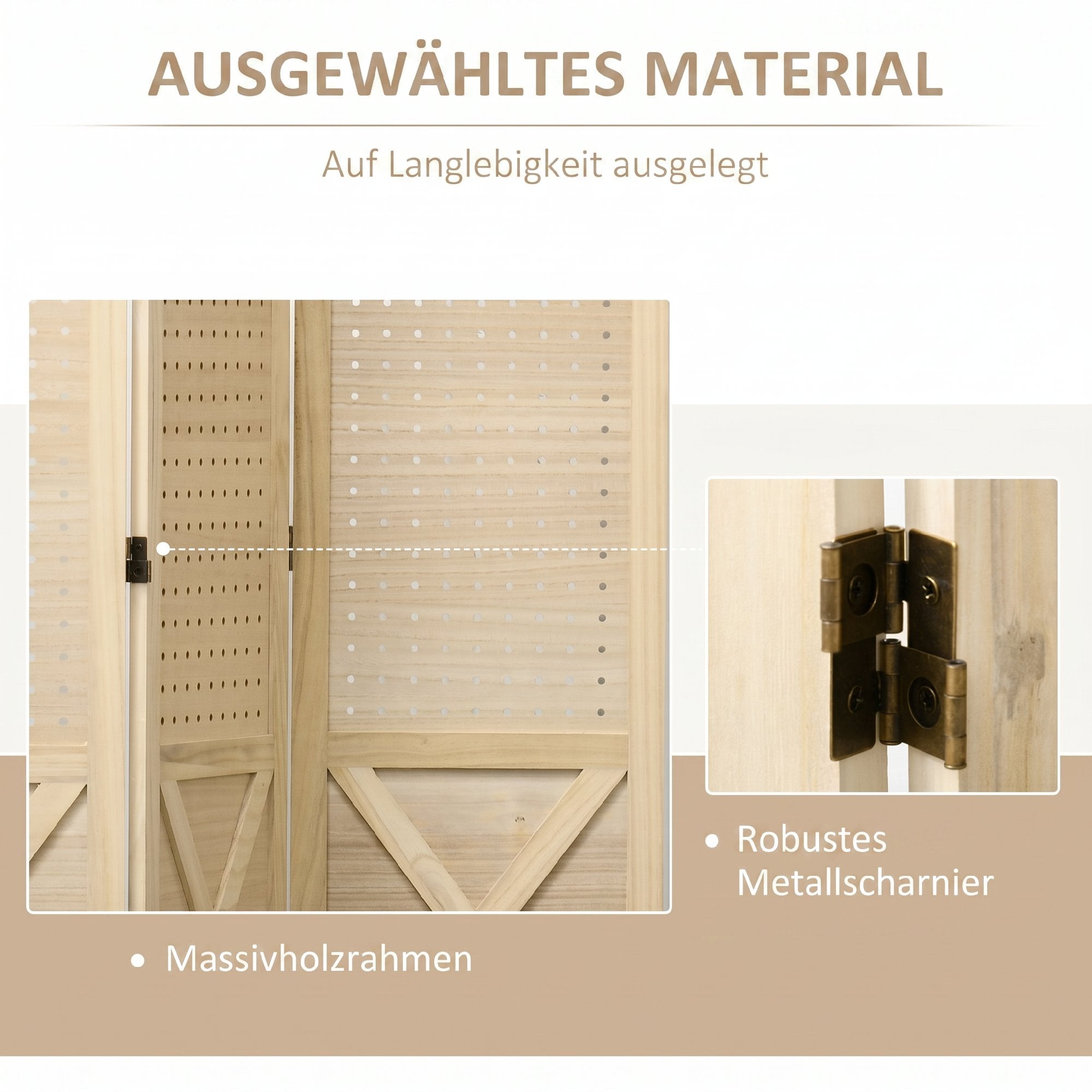 Paravent intérieur en bois, 3 panneaux, 114 x 144,5 cm, panneau perforé, séparateur de pièce pliable, Panneau perforé pour salon, chambre à coucher, maison, bois naturel