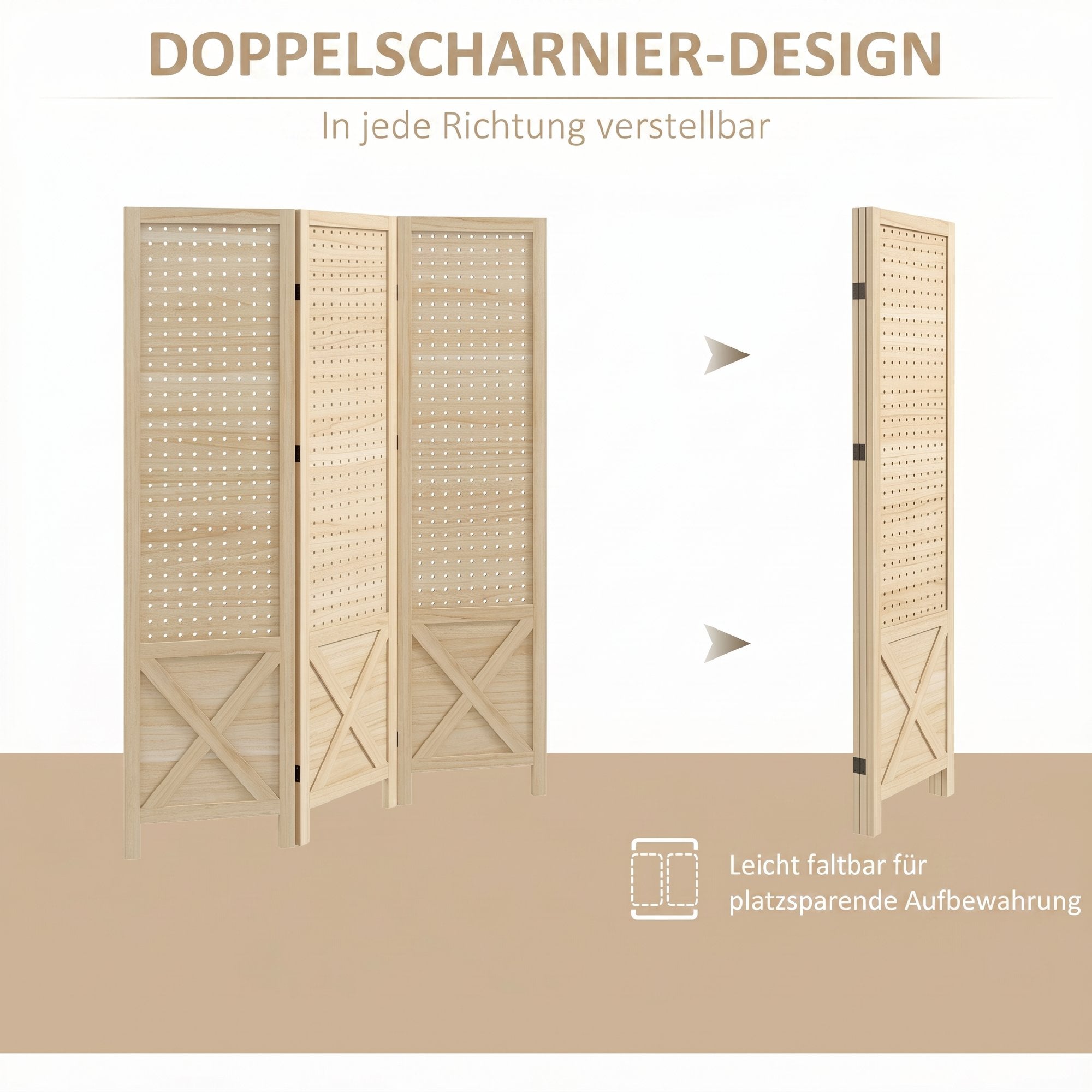 Paravent intérieur en bois, 3 panneaux, 114 x 144,5 cm, panneau perforé, séparateur de pièce pliable, Panneau perforé pour salon, chambre à coucher, maison, bois naturel