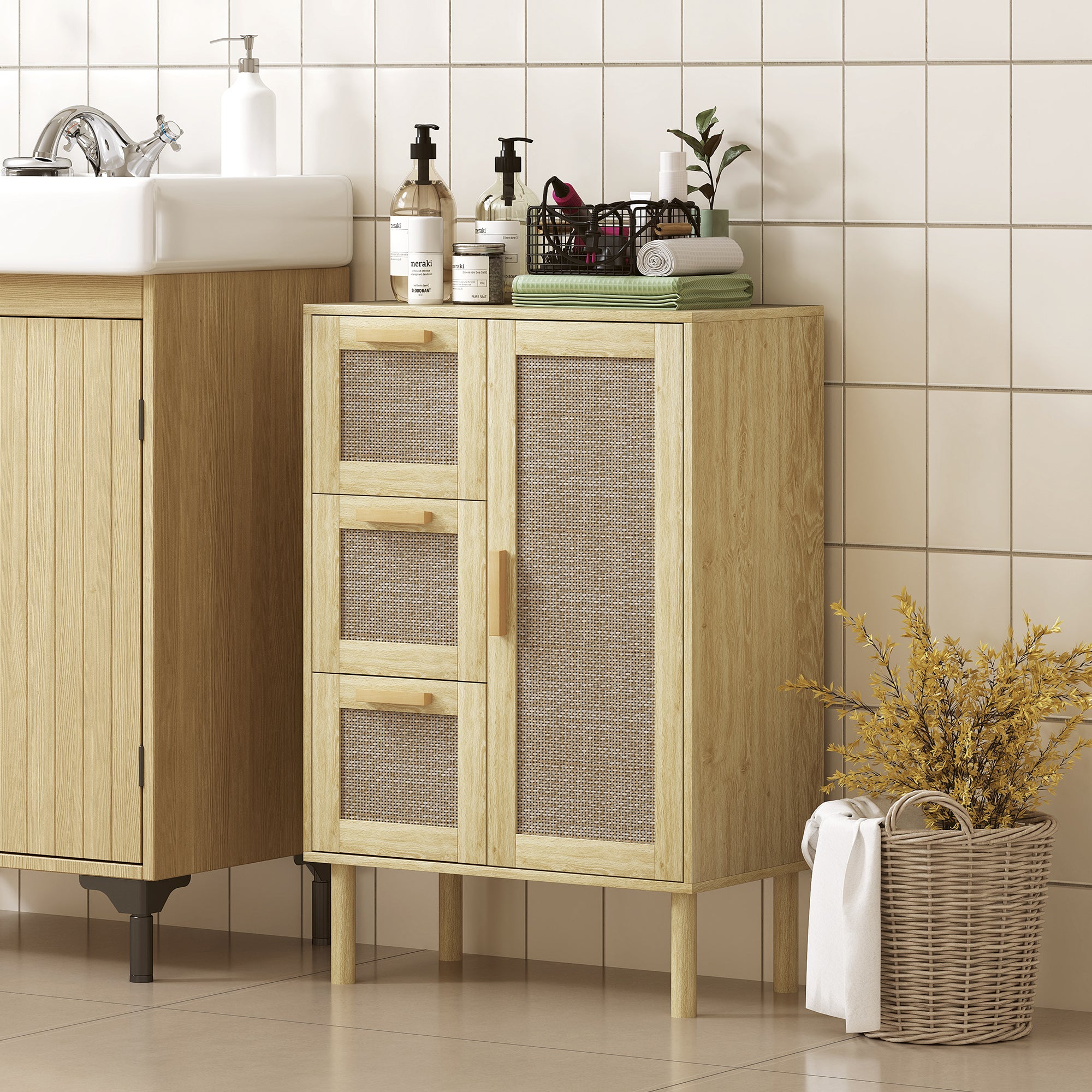 Meuble salle de bain rangement, meuble de rangement style bohème avec tiroir et placard, étagères réglables, porte à rotin, armoire pour salle de bain, salon, cuisine - 55 x 30 x 82 cm, chêne