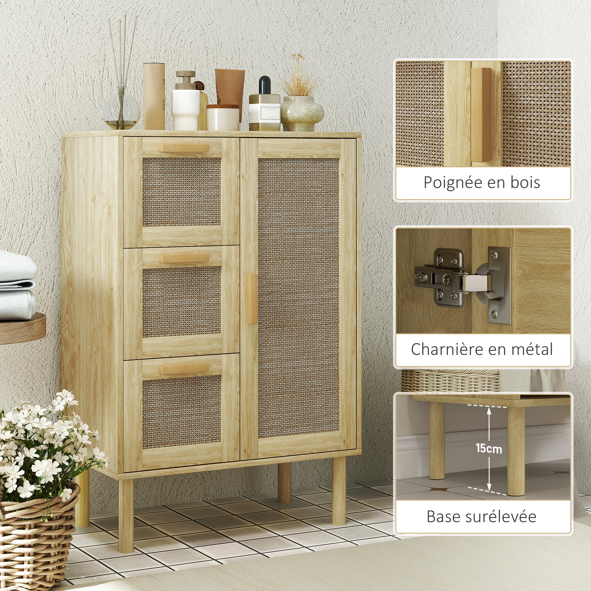 Meuble salle de bain rangement, meuble de rangement style bohème avec tiroir et placard, étagères réglables, porte à rotin, armoire pour salle de bain, salon, cuisine - 55 x 30 x 82 cm, chêne