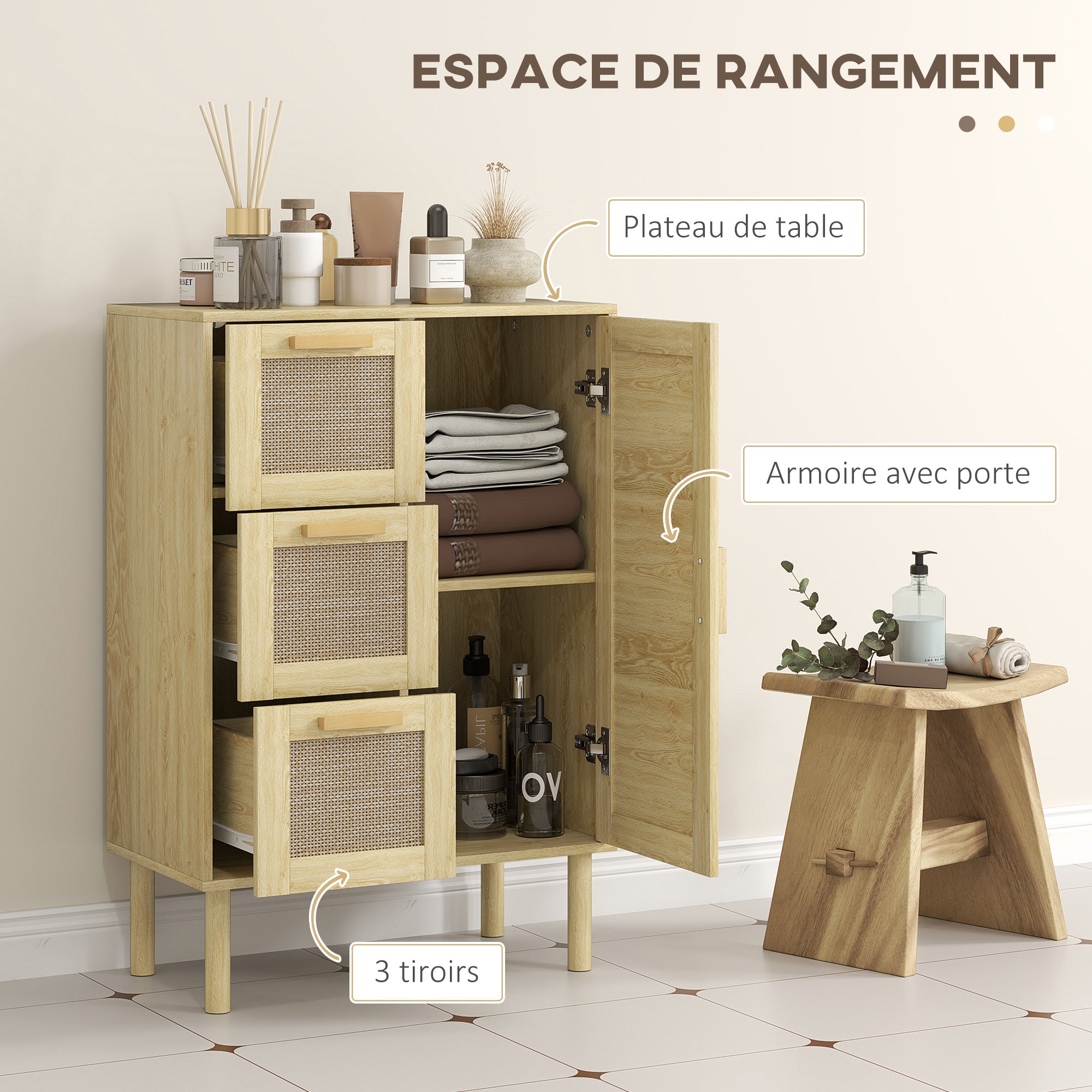 Meuble salle de bain rangement, meuble de rangement style bohème avec tiroir et placard, étagères réglables, porte à rotin, armoire pour salle de bain, salon, cuisine - 55 x 30 x 82 cm, chêne