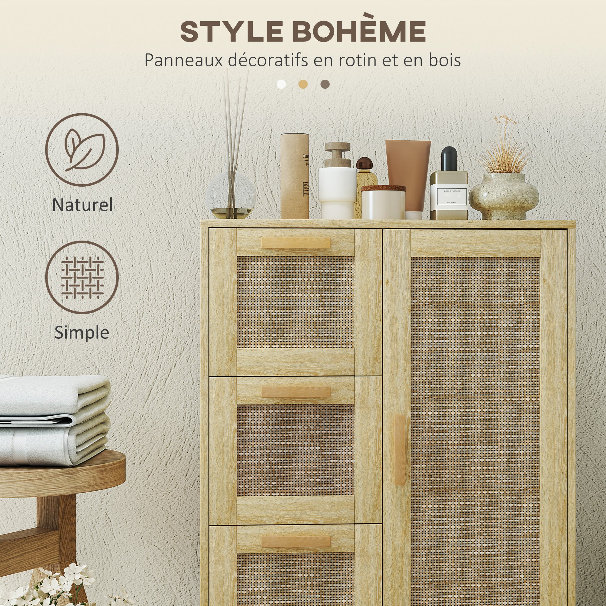 Meuble salle de bain rangement, meuble de rangement style bohème avec tiroir et placard, étagères réglables, porte à rotin, armoire pour salle de bain, salon, cuisine - 55 x 30 x 82 cm, chêne