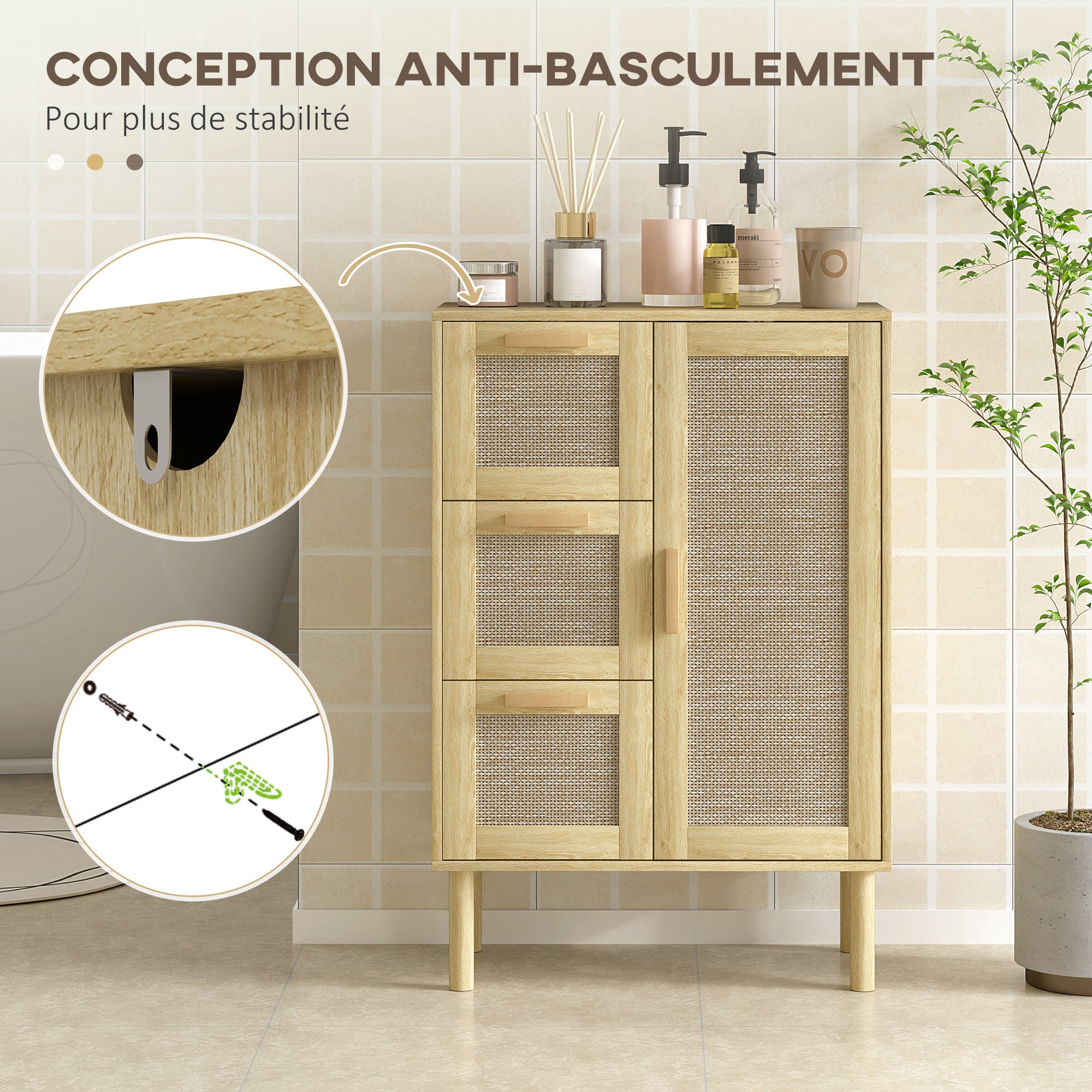 Meuble salle de bain rangement, meuble de rangement style bohème avec tiroir et placard, étagères réglables, porte à rotin, armoire pour salle de bain, salon, cuisine - 55 x 30 x 82 cm, chêne