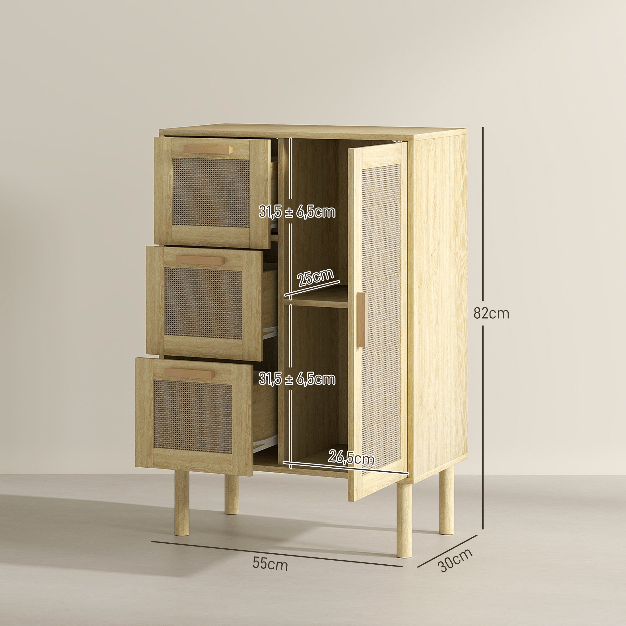 Meuble salle de bain rangement, meuble de rangement style bohème avec tiroir et placard, étagères réglables, porte à rotin, armoire pour salle de bain, salon, cuisine - 55 x 30 x 82 cm, chêne