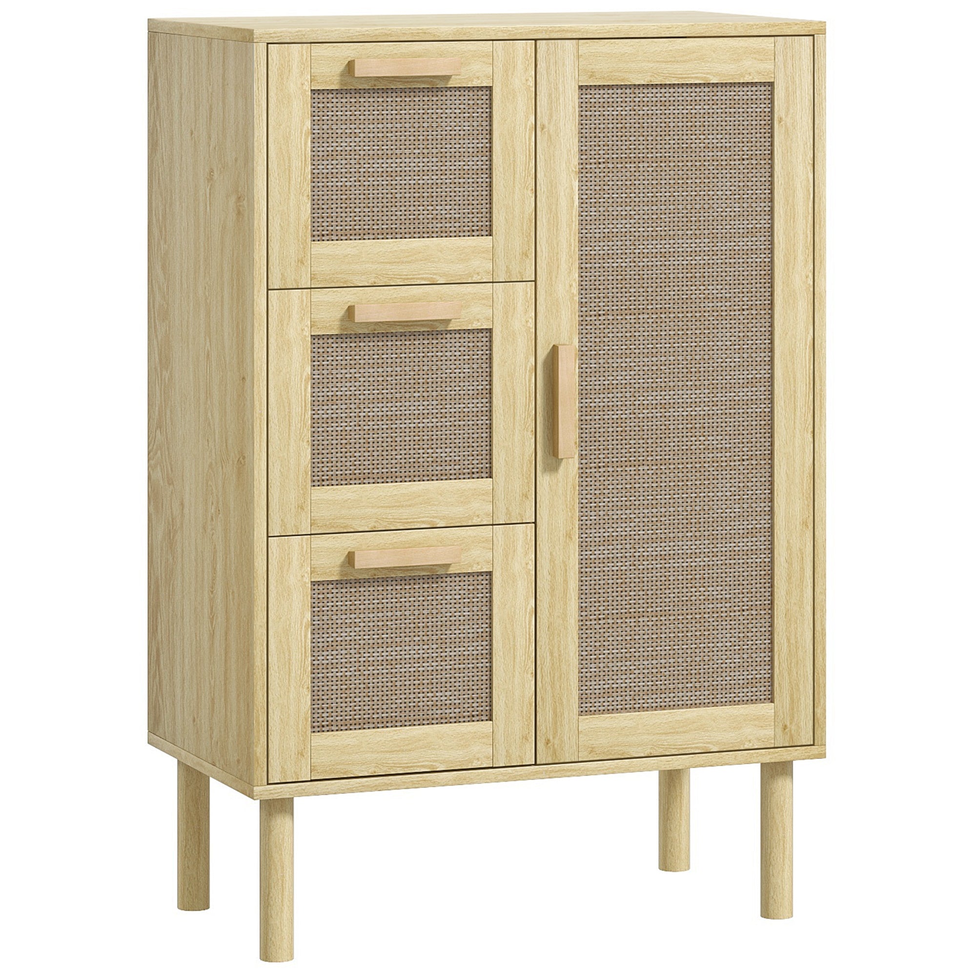 Meuble salle de bain rangement, meuble de rangement style bohème avec tiroir et placard, étagères réglables, porte à rotin, armoire pour salle de bain, salon, cuisine - 55 x 30 x 82 cm, chêne