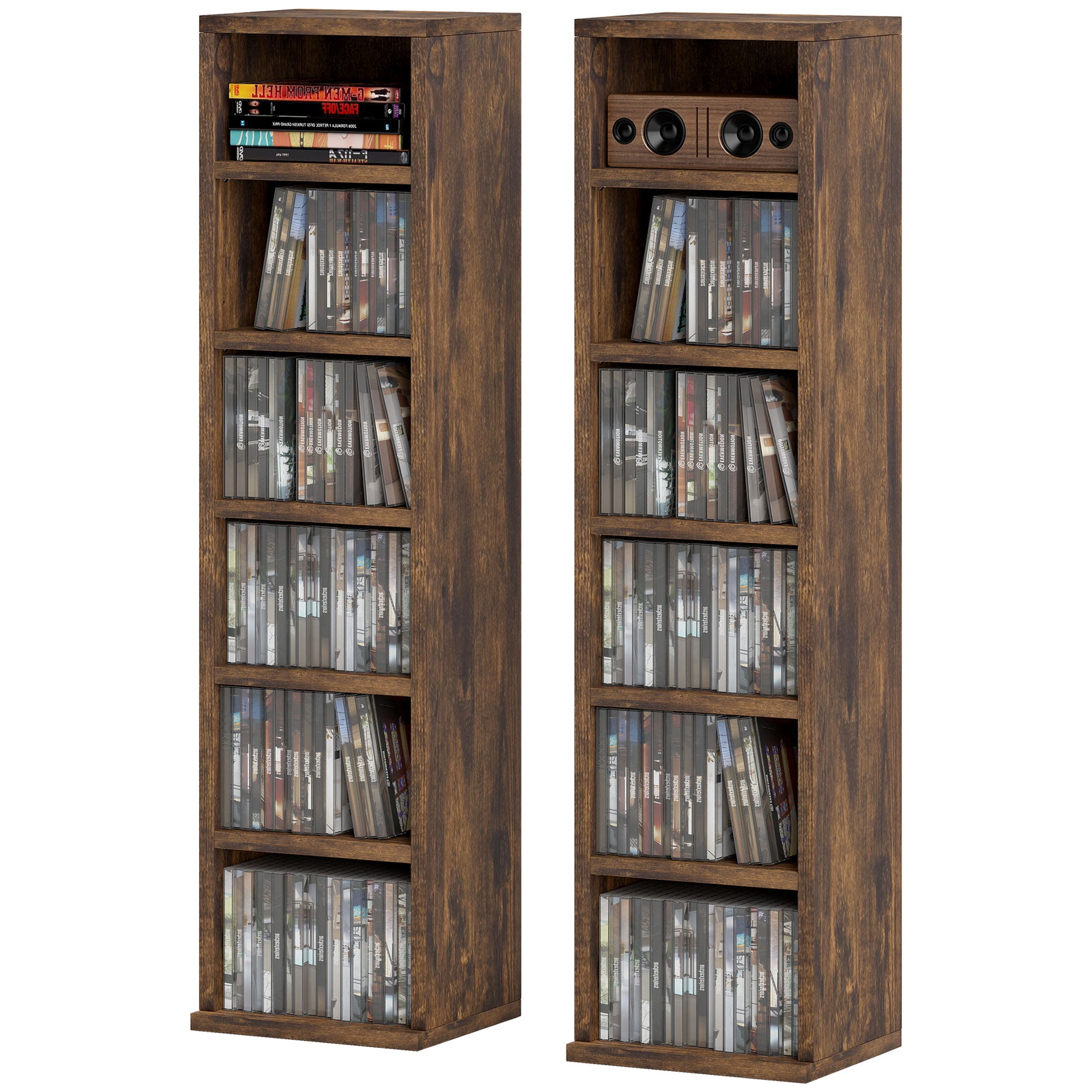 Lot de 2 étagères colonnes armoire de rangement CD-DVD 6 + 6 compartiments 21 x 22,5 x 88,5 cm capacité max. 204 CD brun rustique