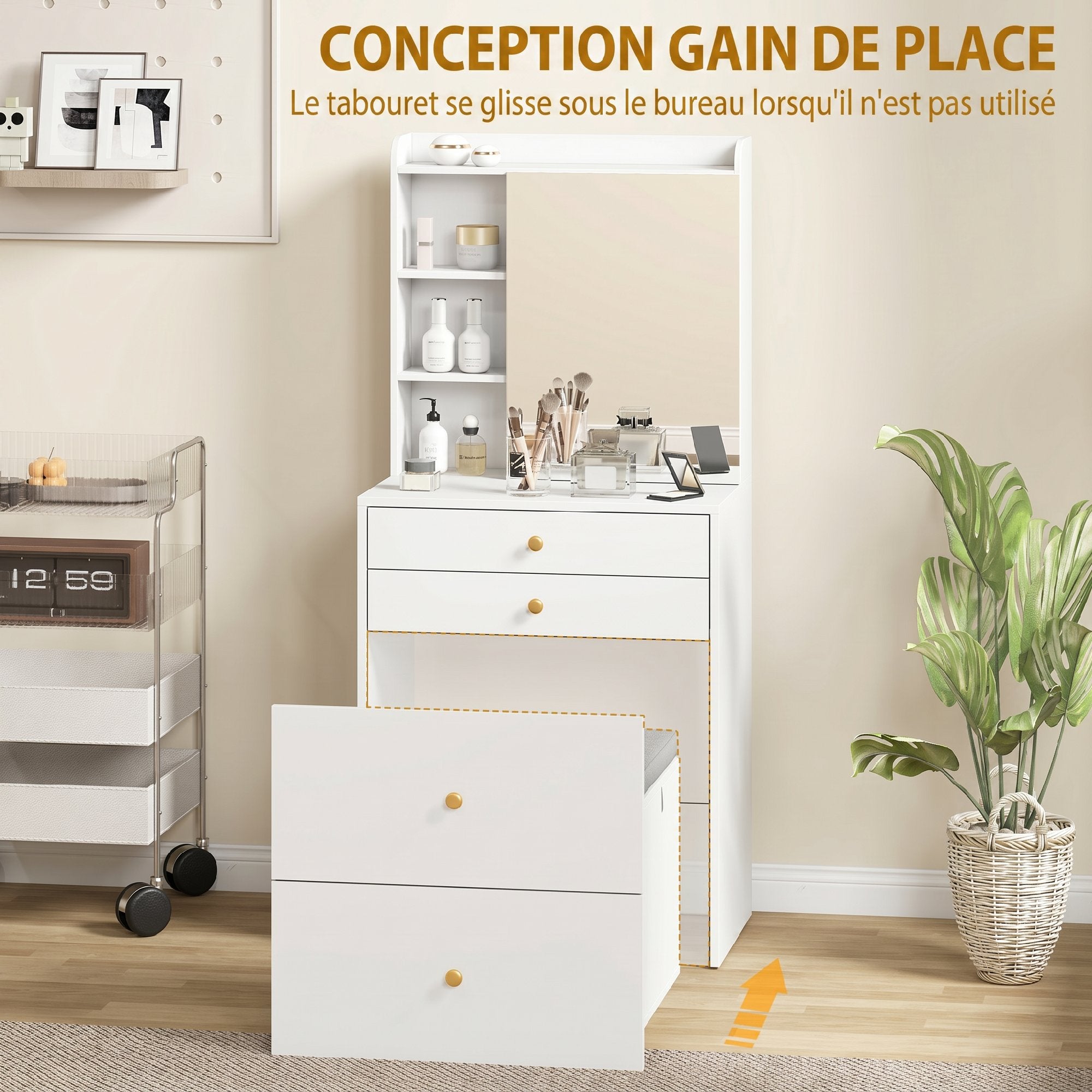 Coiffeuse avec miroir et tabouret de rangement mobile, table de maquillage compacte, tiroirs, placard, compartiments ouverts, étagère réglable, siège rembourré, pour chambre à coucher, blanc